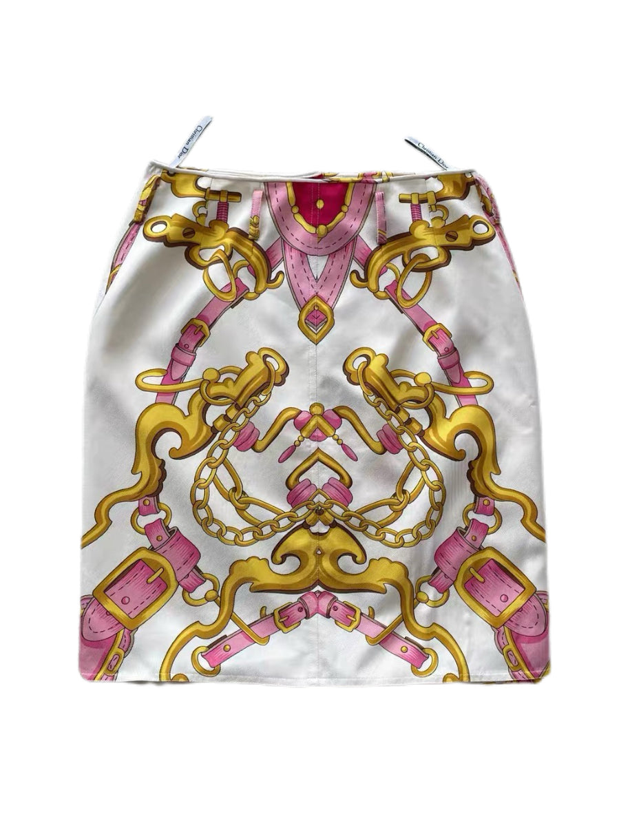 Christian Dior by John Galliano 2000 Runway Pink Heart Chain Silk Skirt – Rare Equestrian Print Asymmetric Piece