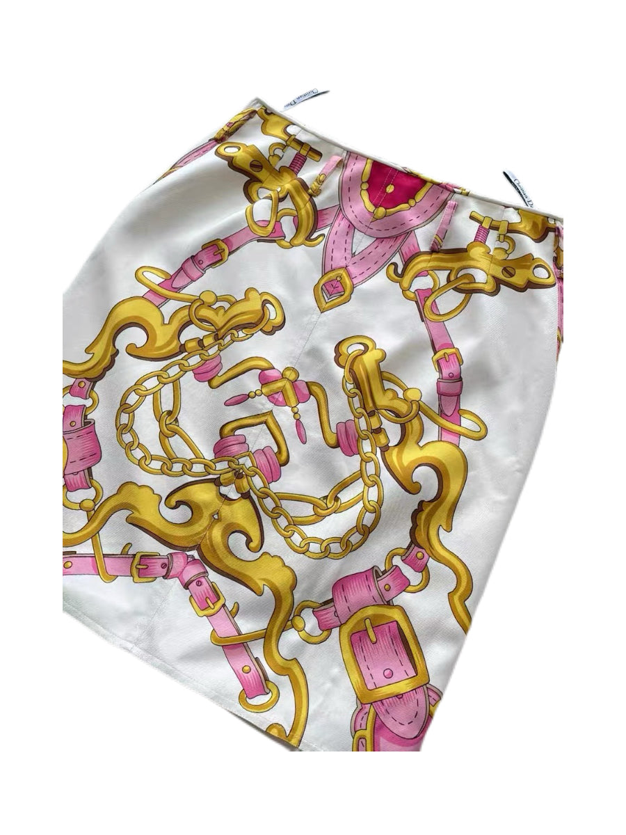 Christian Dior by John Galliano 2000 Runway Pink Heart Chain Silk Skirt – Rare Equestrian Print Asymmetric Piece