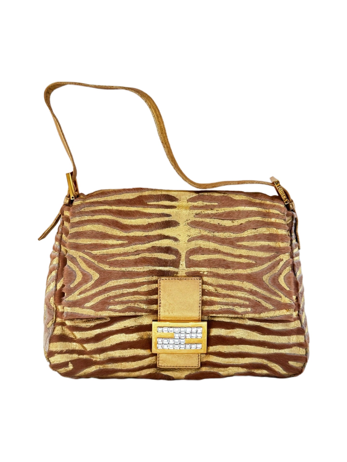 Fendi Rare Gold Zebra Pony Hair Crystal Baguette Shoulder Bag