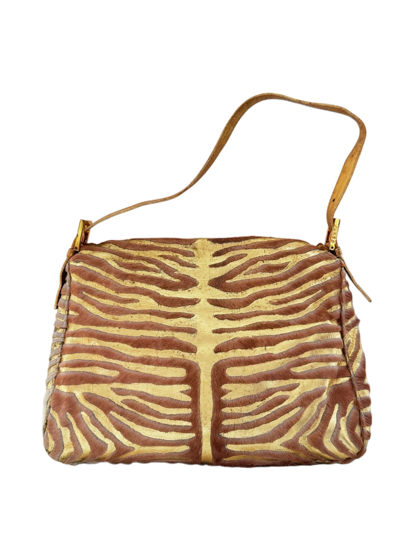 Fendi Rare Gold Zebra Pony Hair Crystal Baguette Shoulder Bag