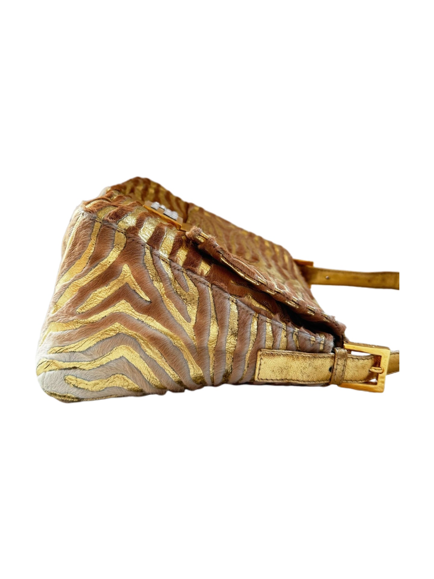 Fendi Rare Gold Zebra Pony Hair Crystal Baguette Shoulder Bag