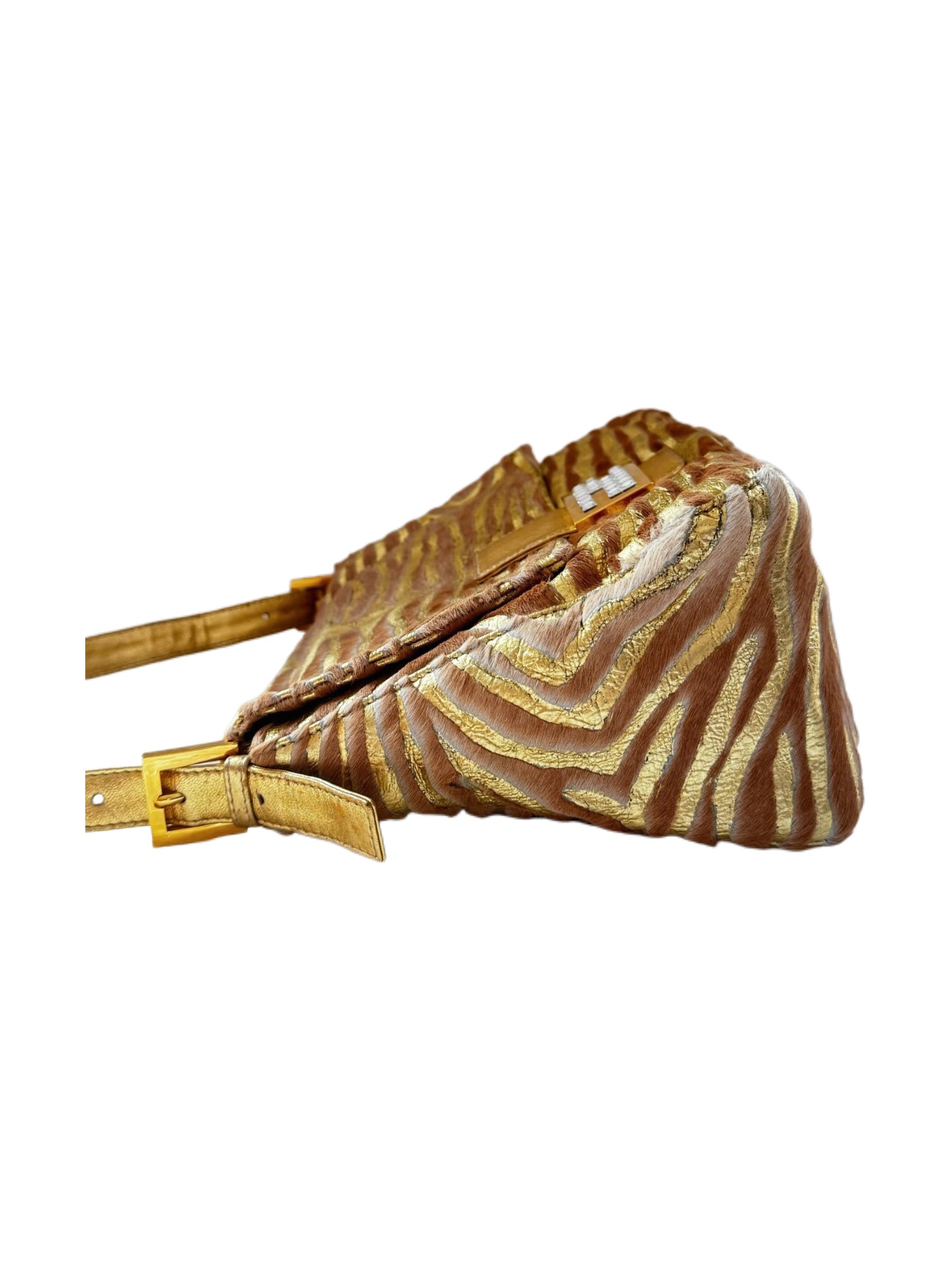 Fendi Rare Gold Zebra Pony Hair Crystal Baguette Shoulder Bag