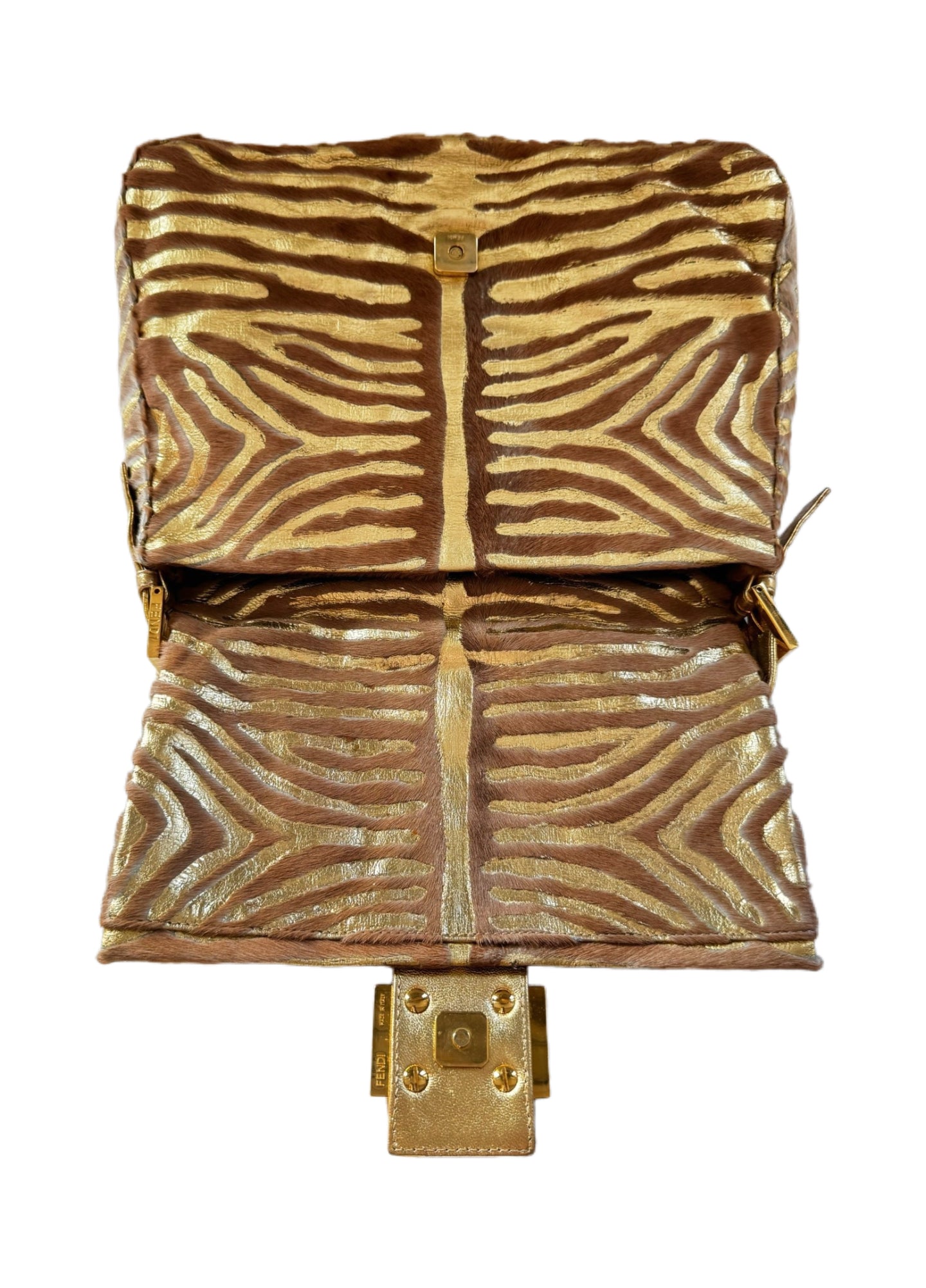 Fendi Rare Gold Zebra Pony Hair Crystal Baguette Shoulder Bag