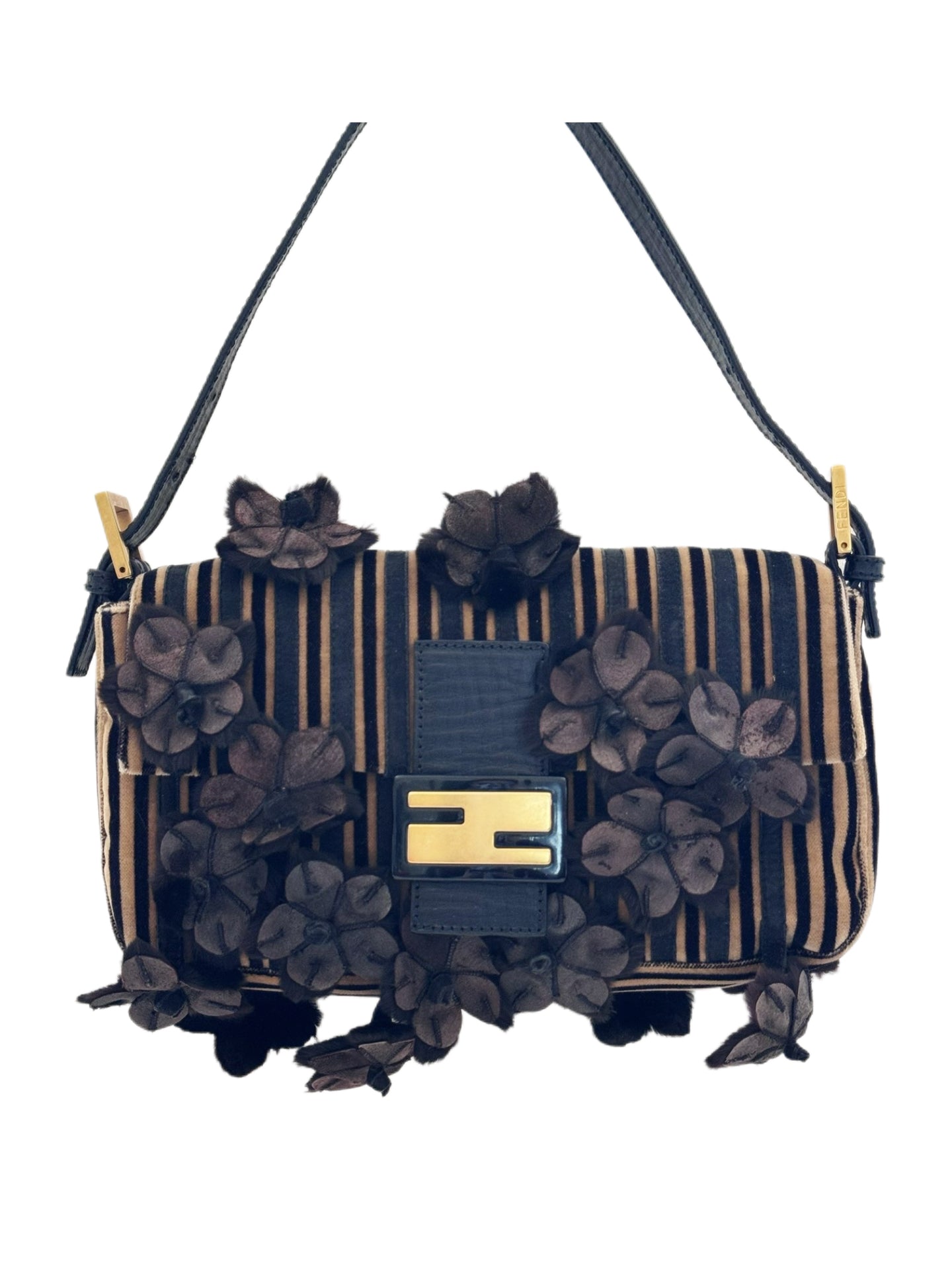 Fendi Rare Velvet Stripe Mink Floral Baguette Shoulder Bag