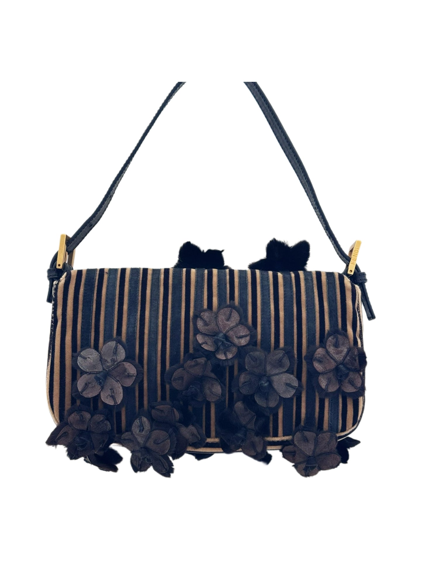 Fendi Rare Velvet Stripe Mink Floral Baguette Shoulder Bag