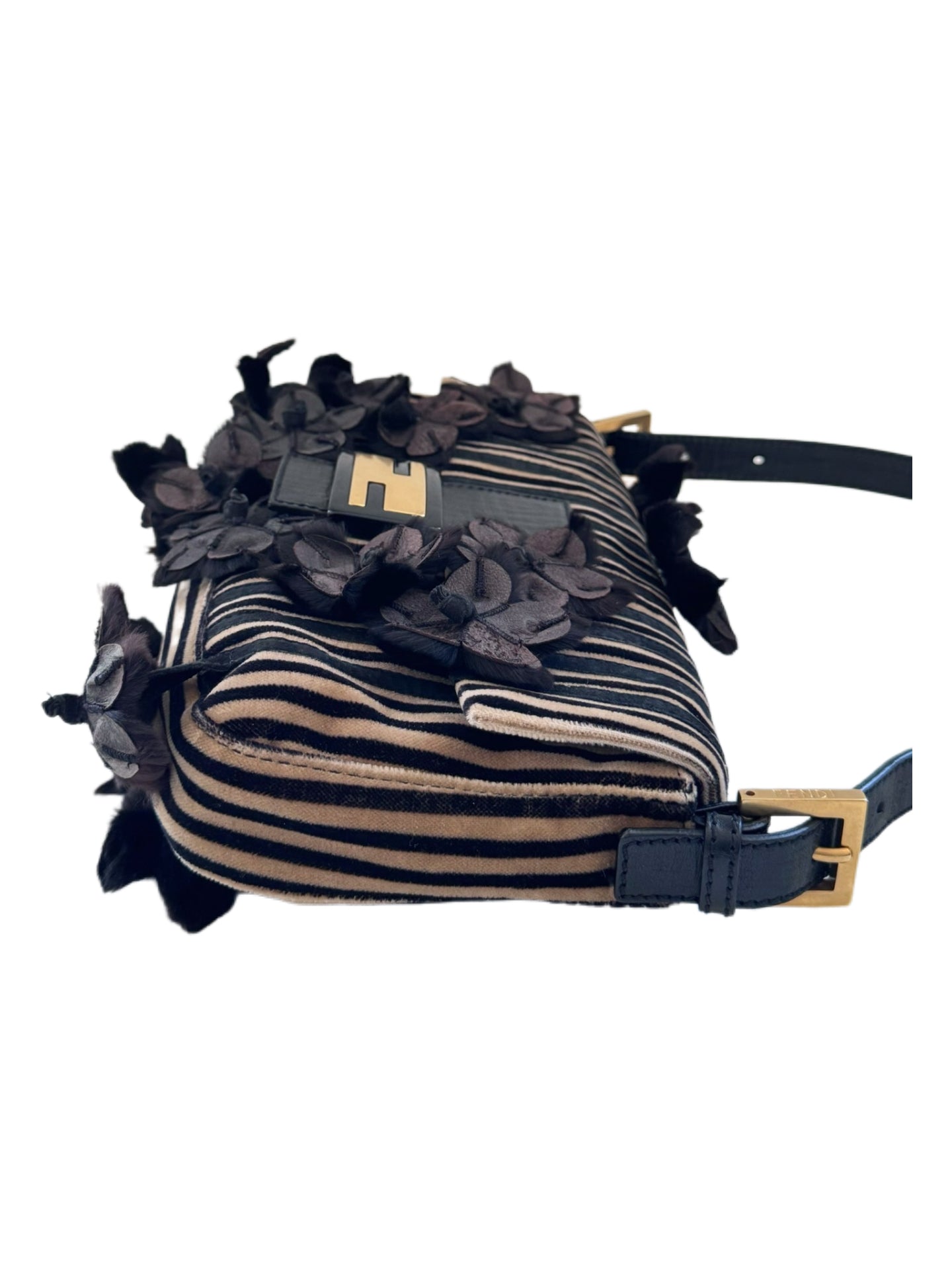 Fendi Rare Velvet Stripe Mink Floral Baguette Shoulder Bag