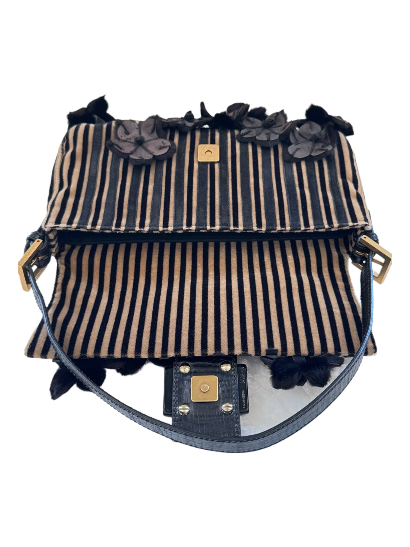 Fendi Rare Velvet Stripe Mink Floral Baguette Shoulder Bag