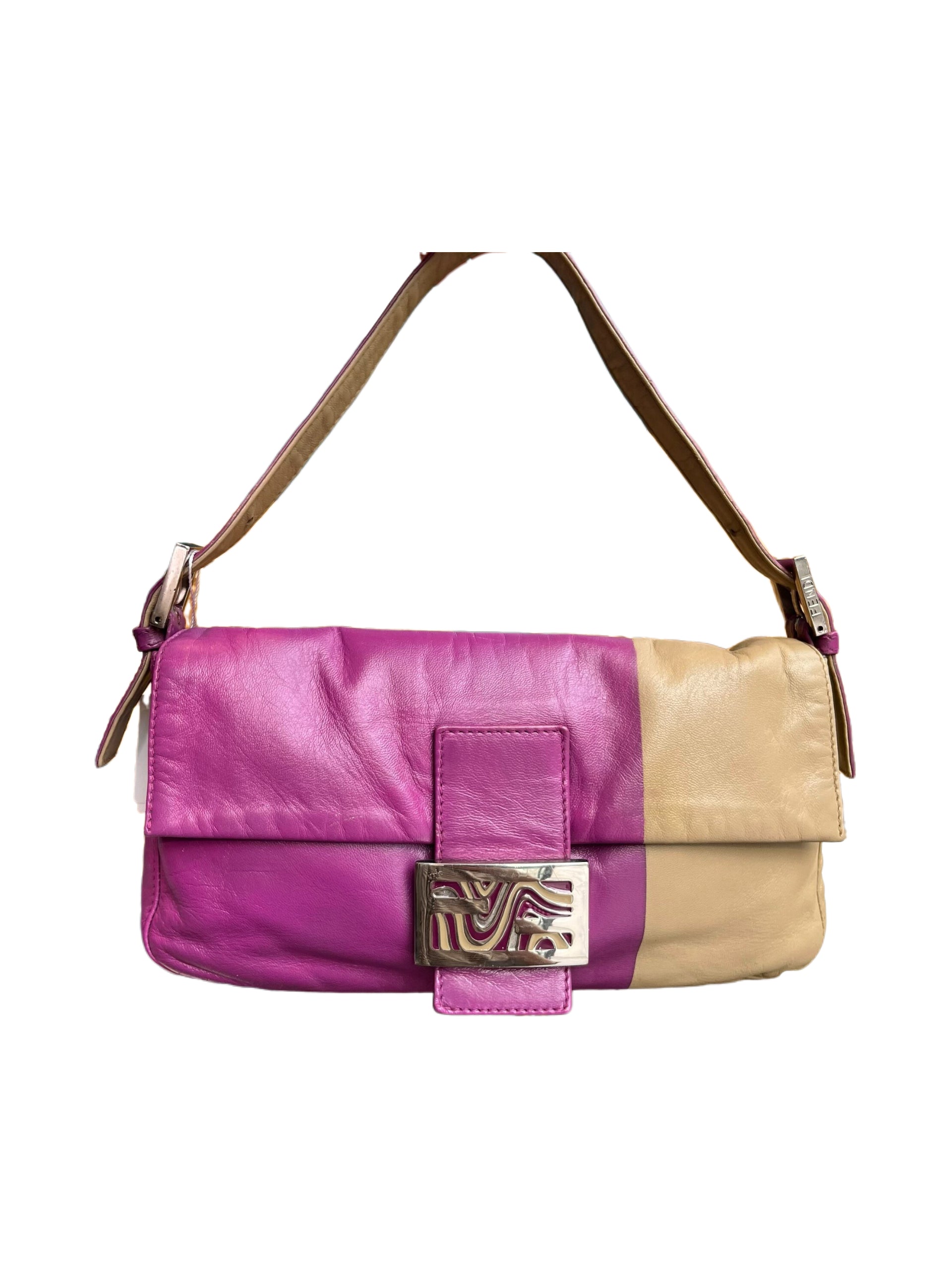 Fendi Vintage Baguette Leather Bag Purple Pink Nude Two Tone Patchwork Rare Y2K Shoulder Bag
