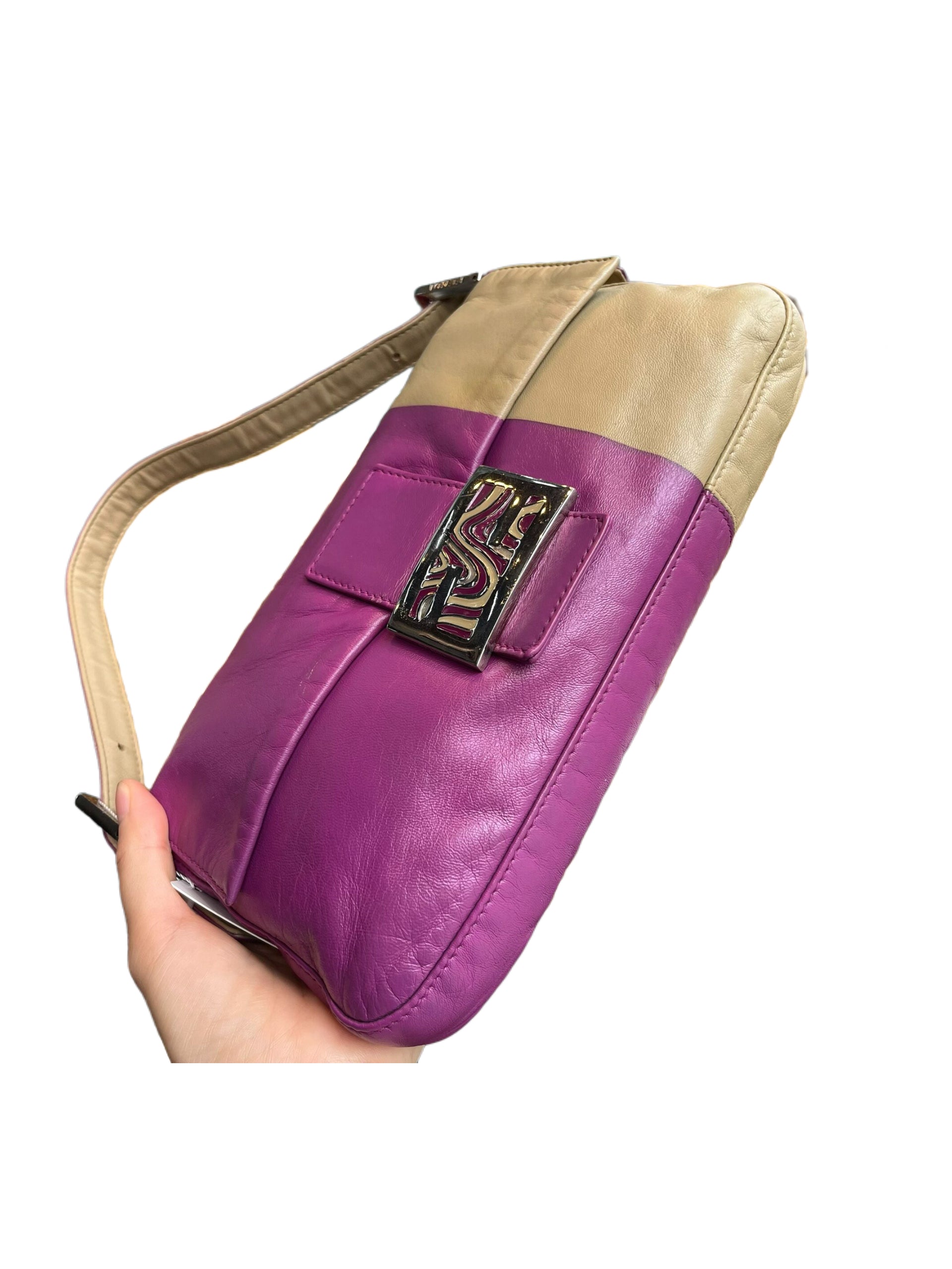 Fendi Vintage Baguette Leather Bag Purple Pink Nude Two Tone Patchwork Rare Y2K Shoulder Bag