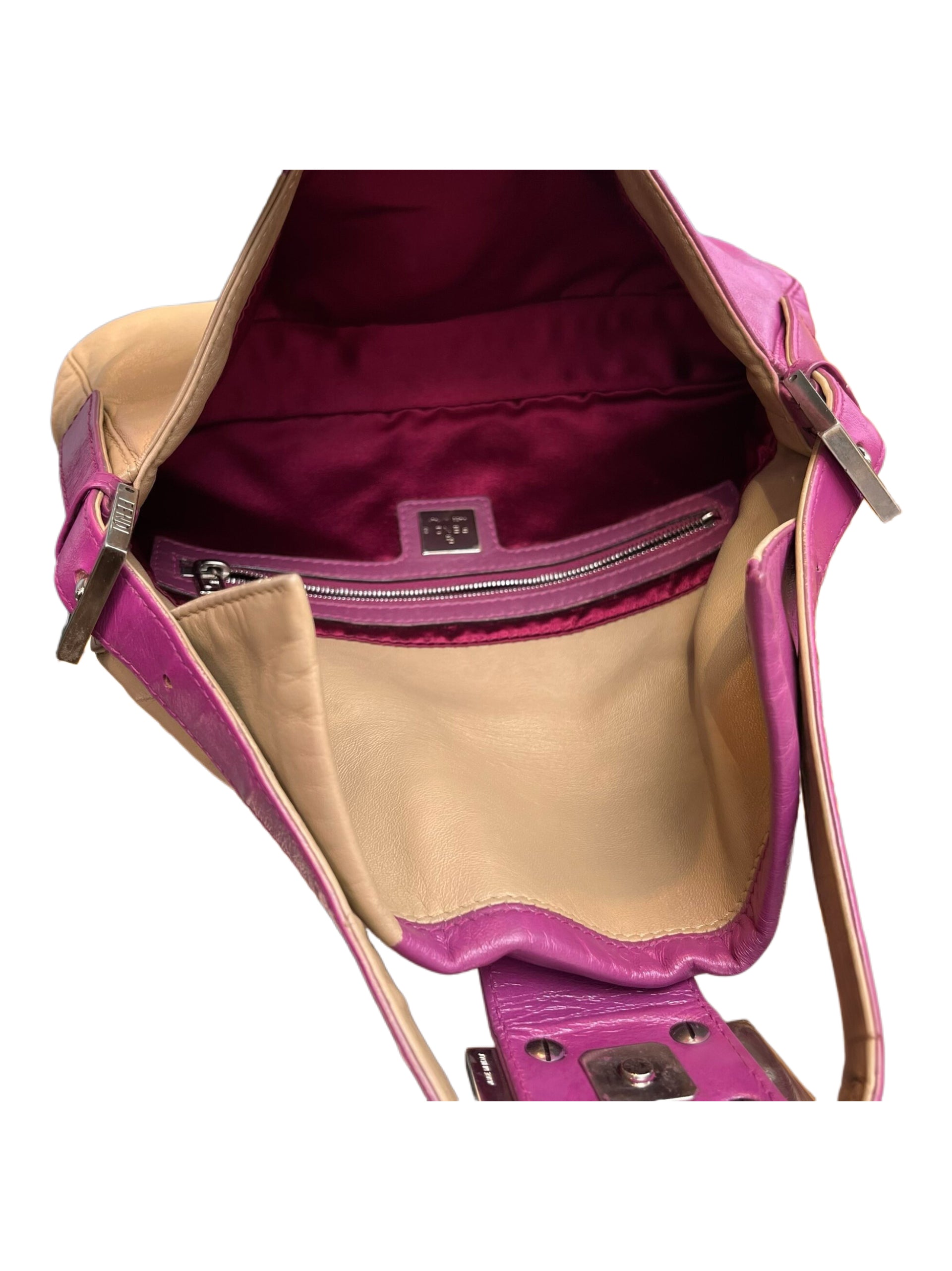 Fendi Vintage Baguette Leather Bag Purple Pink Nude Two Tone Patchwork Rare Y2K Shoulder Bag