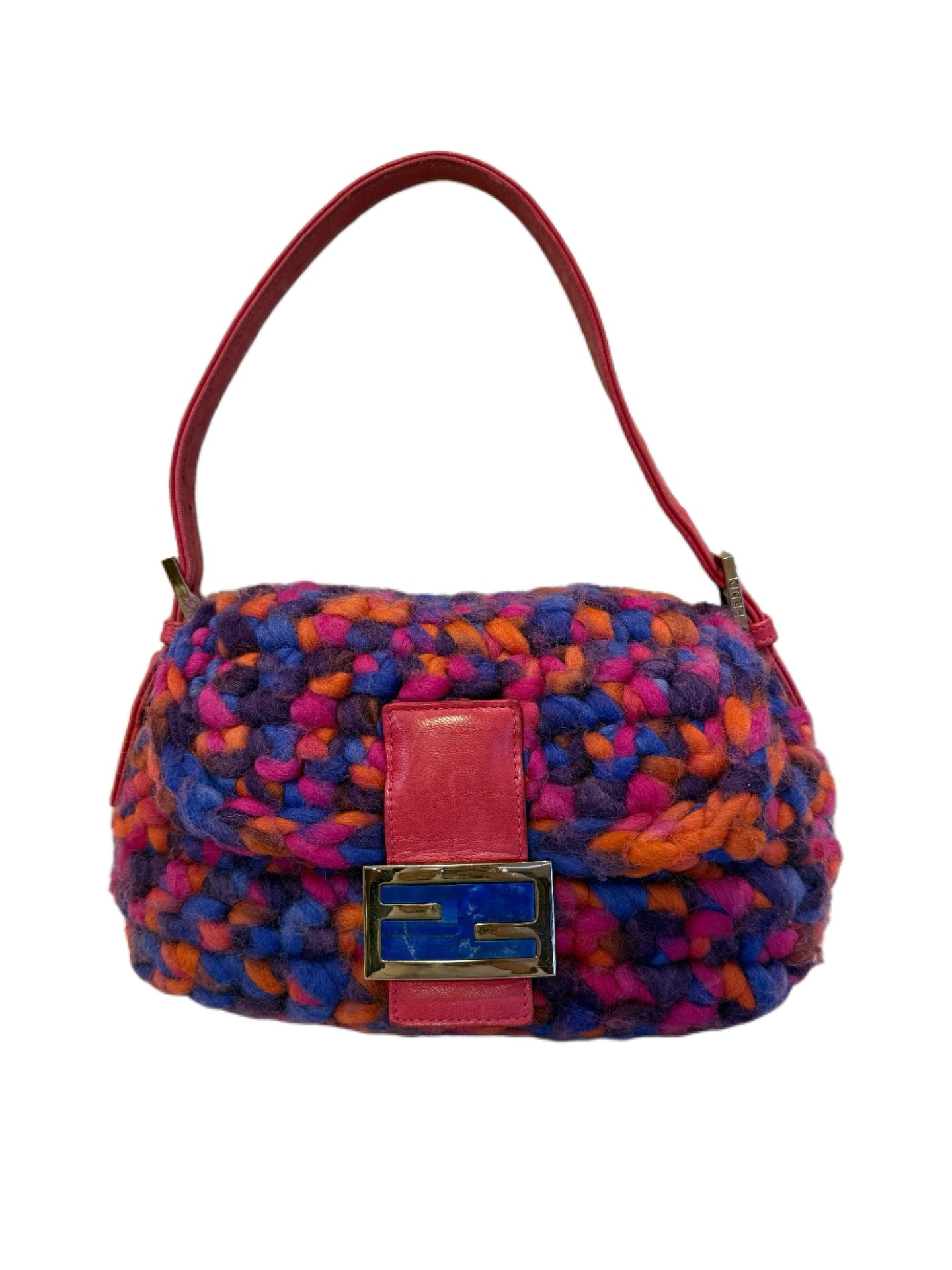 Fendi Vintage Baguette Handwoven Multicolor Knit Bag – Rare Chunky Wool Y2K Shoulder Bag