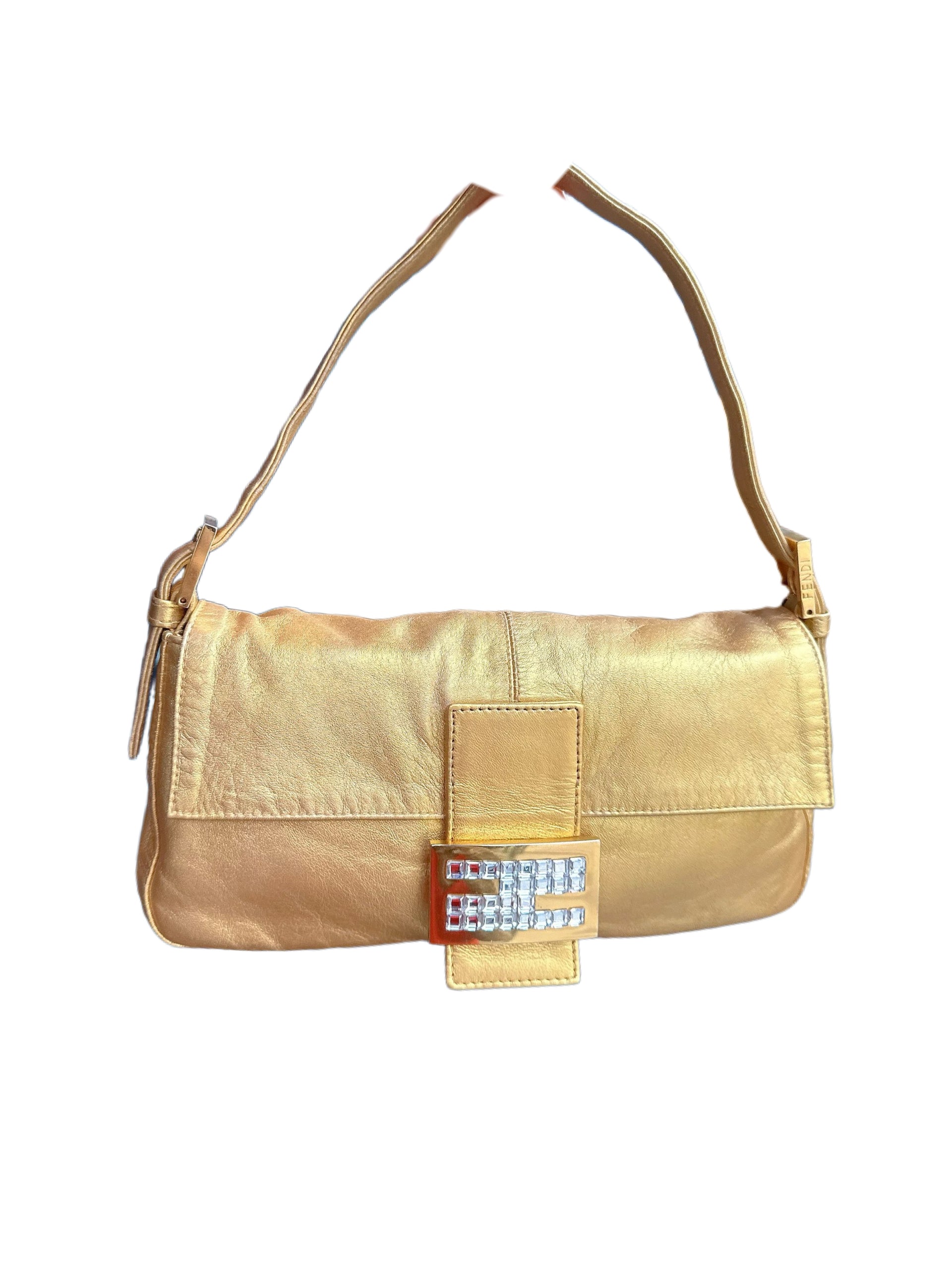 Fendi Vintage Gold Leather Baguette Bag Crystal FF Buckle – Sex and the City Iconic Piece