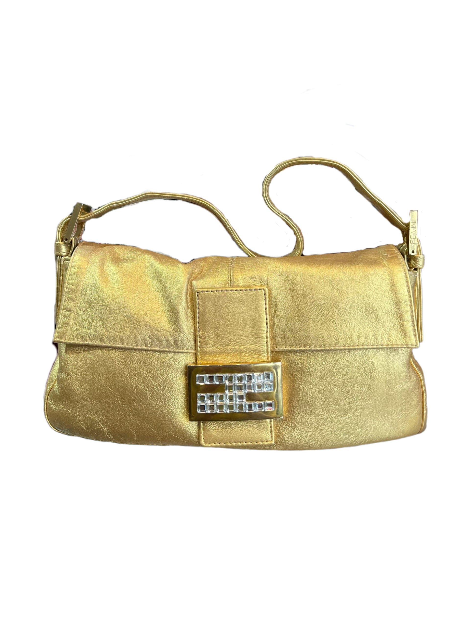 Fendi Vintage Gold Leather Baguette Bag Crystal FF Buckle – Sex and the City Iconic Piece