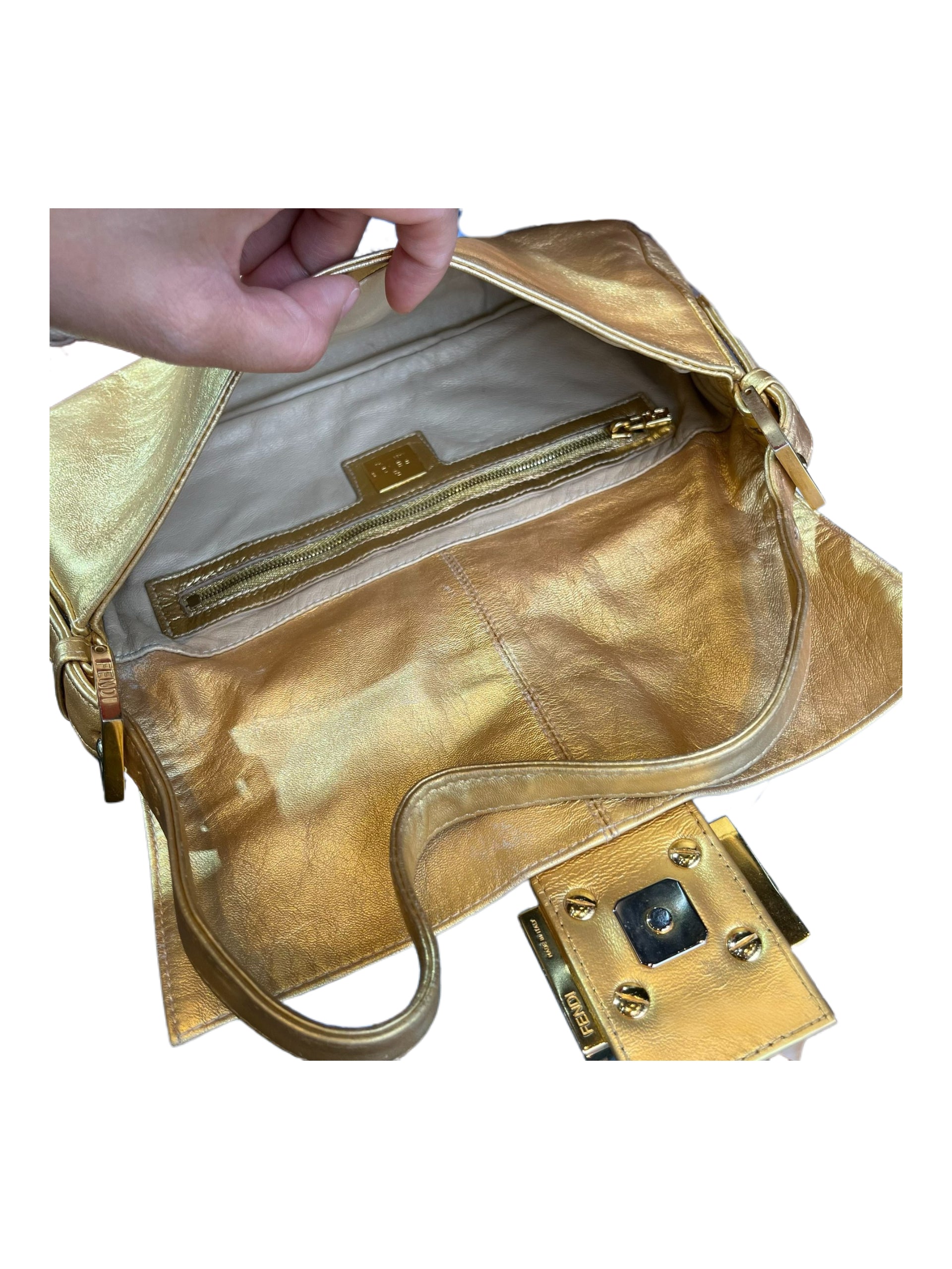 Fendi Vintage Gold Leather Baguette Bag Crystal FF Buckle – Sex and the City Iconic Piece