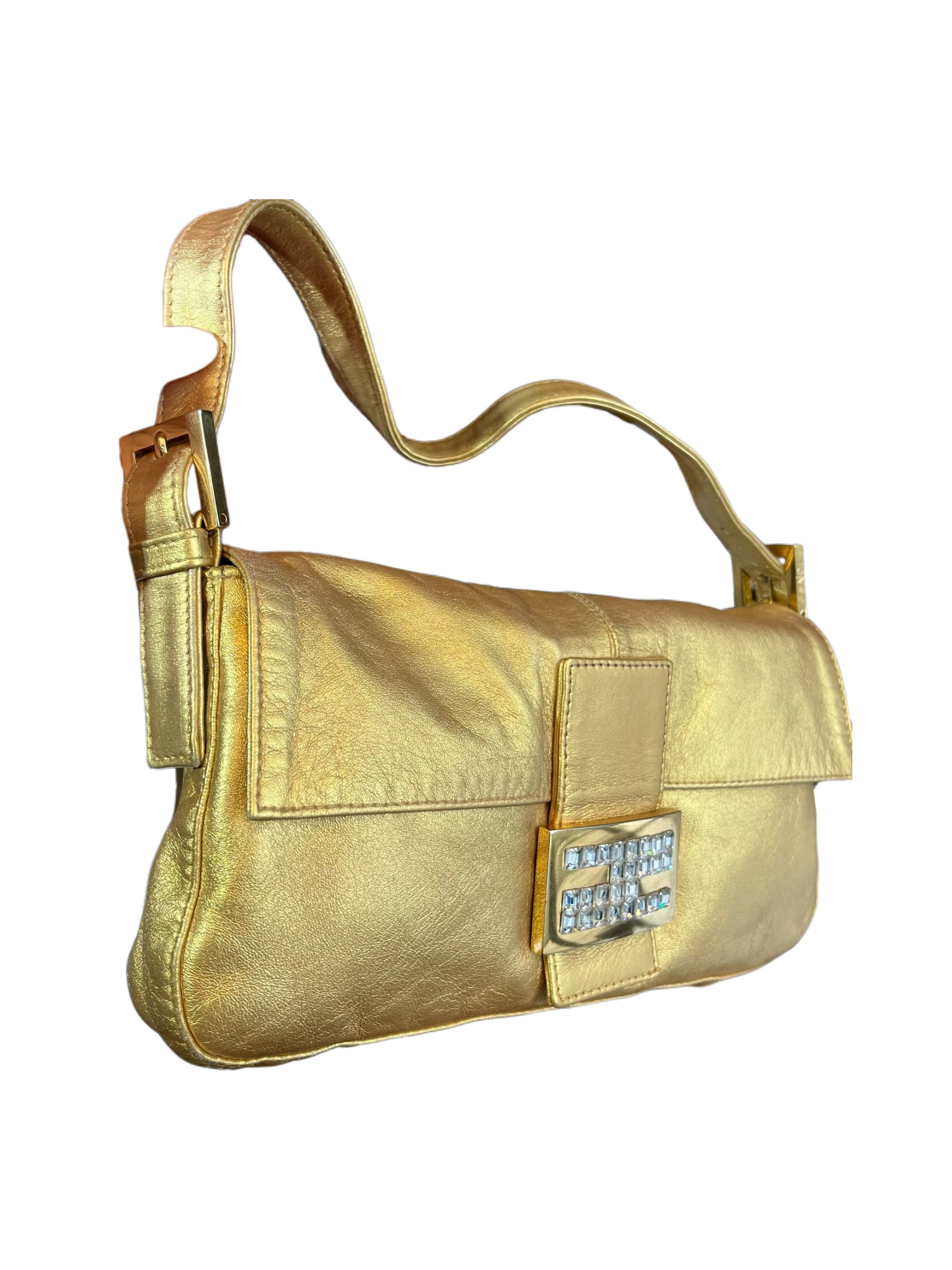 Fendi Vintage Gold Leather Baguette Bag Crystal FF Buckle – Sex and the City Iconic Piece