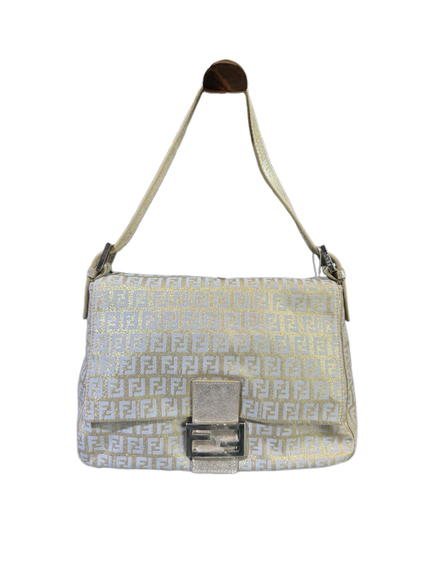 Fendi Vintage Gold Metallic Zucca FF Logo Large Baguette Shoulder Bag Adjustable Strap Rare