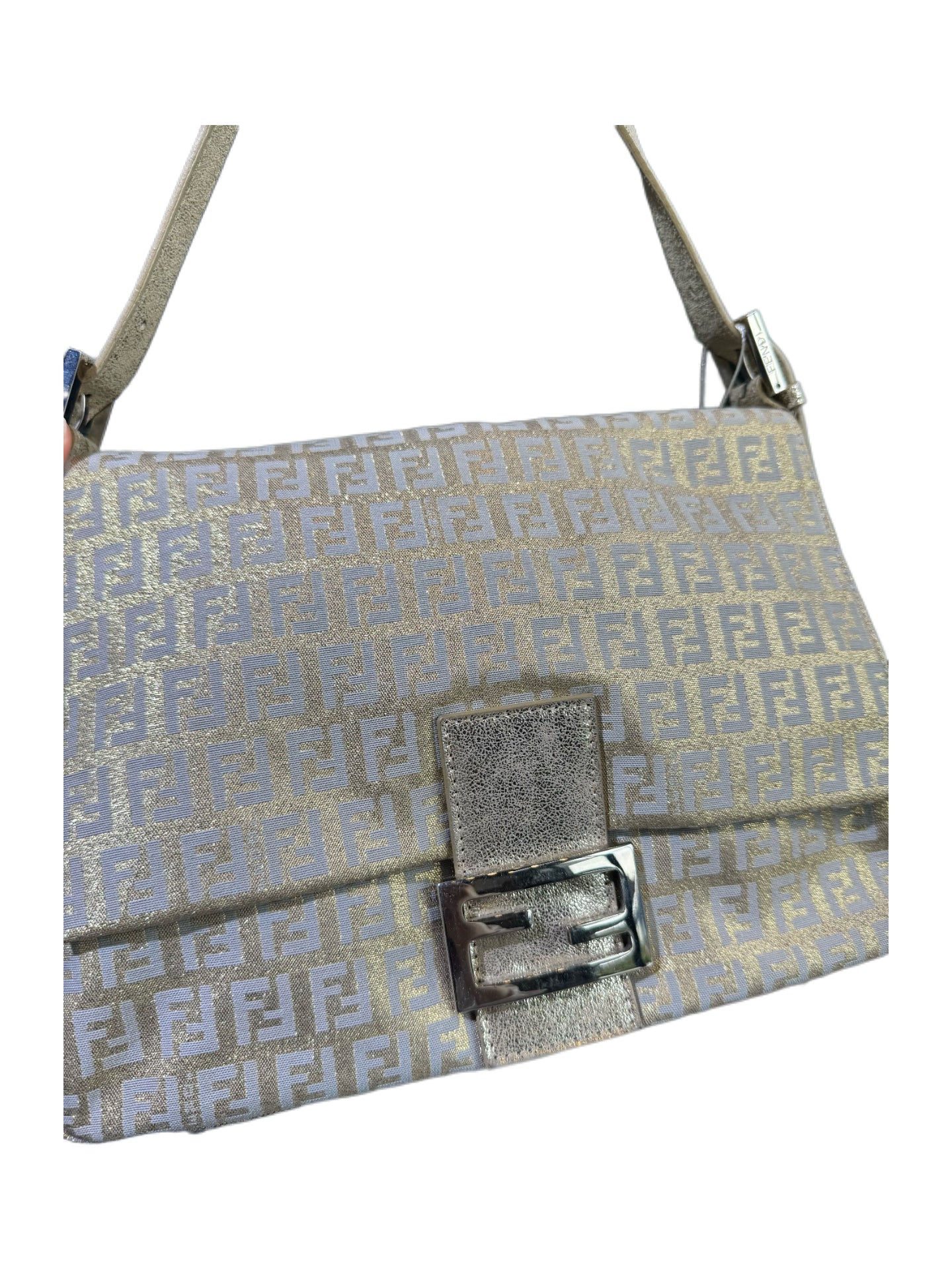 Fendi Vintage Gold Metallic Zucca FF Logo Large Baguette Shoulder Bag Adjustable Strap Rare