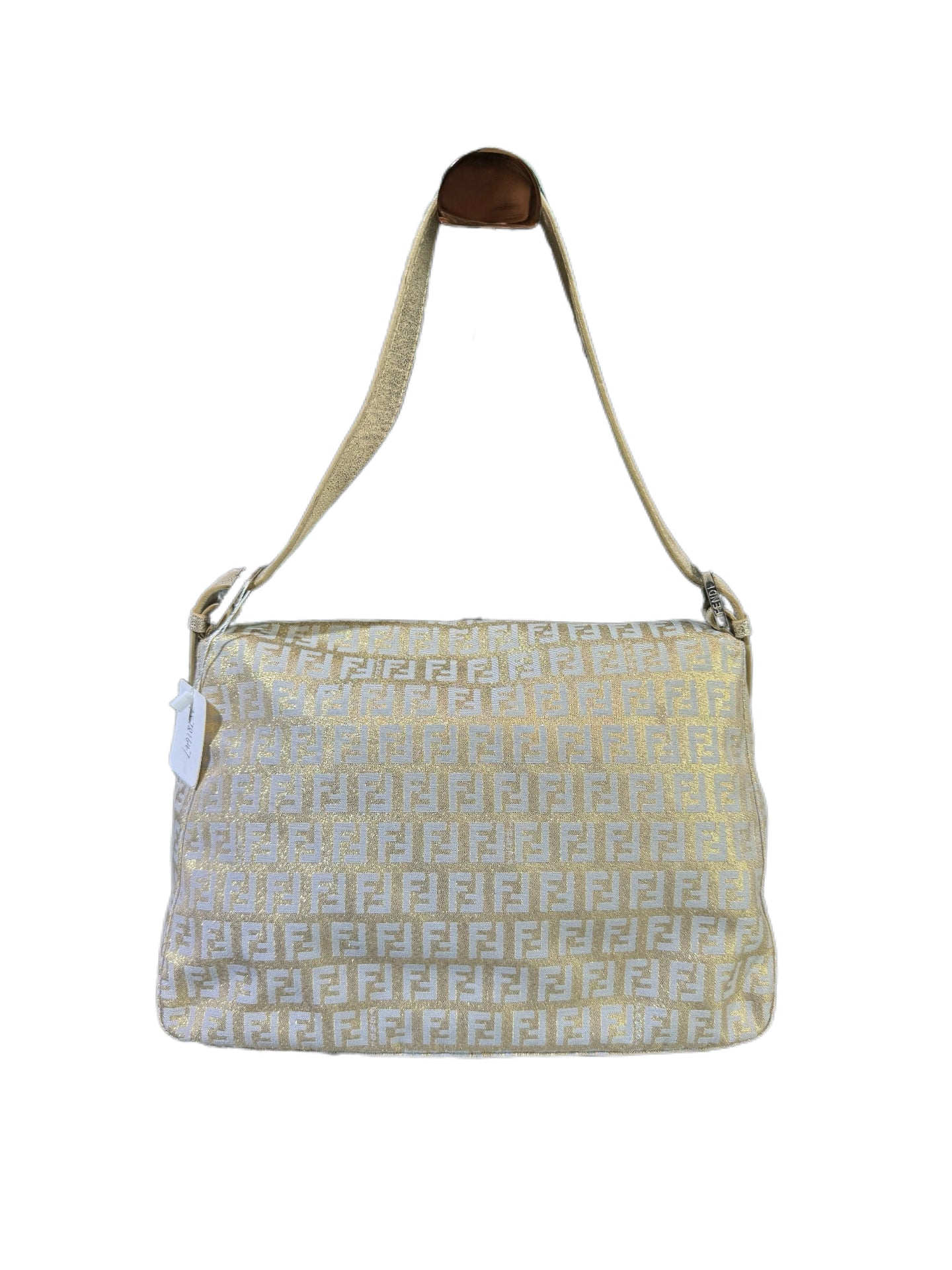 Fendi Vintage Gold Metallic Zucca FF Logo Large Baguette Shoulder Bag Adjustable Strap Rare