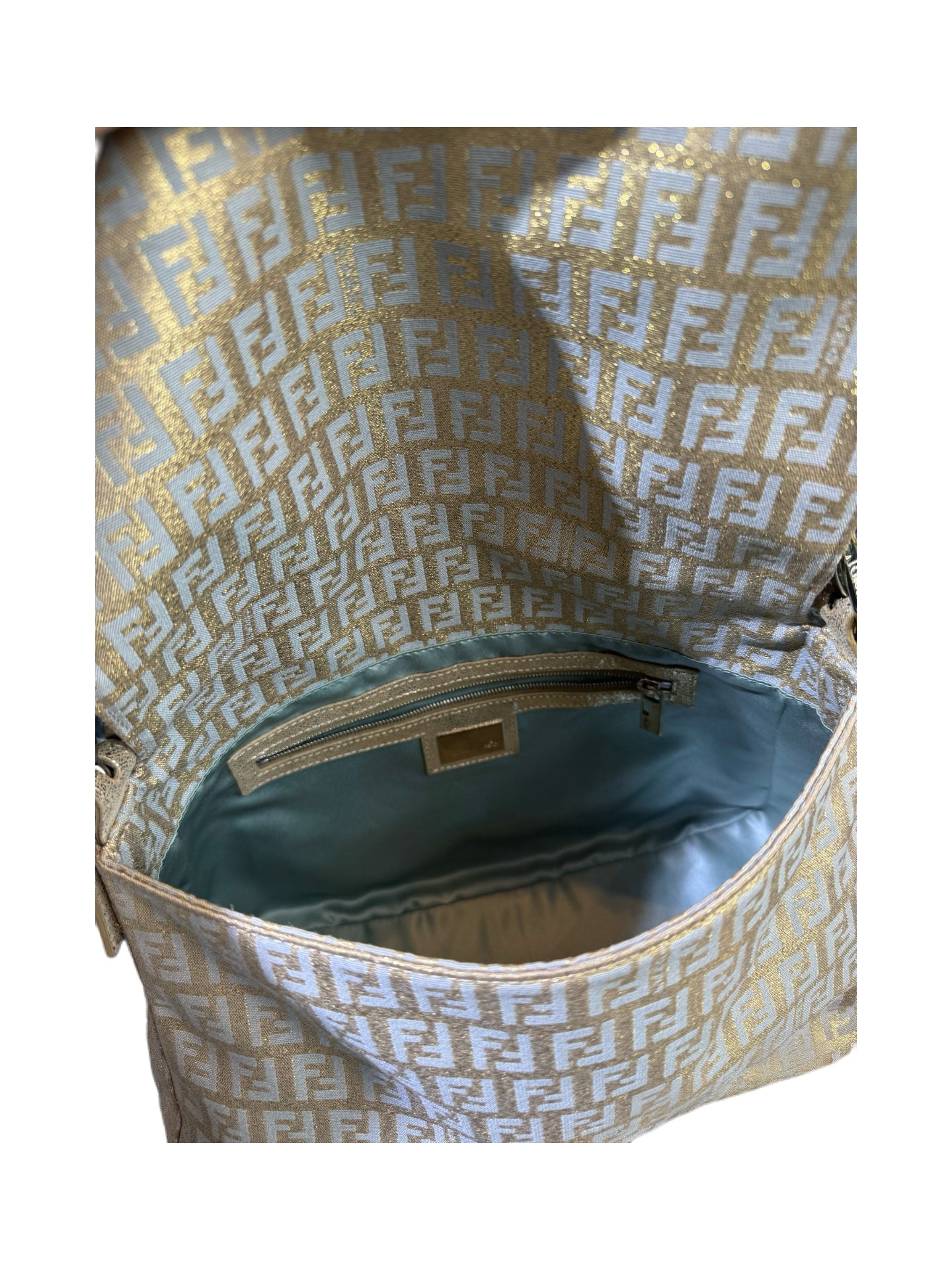 Fendi Vintage Gold Metallic Zucca FF Logo Large Baguette Shoulder Bag Adjustable Strap Rare