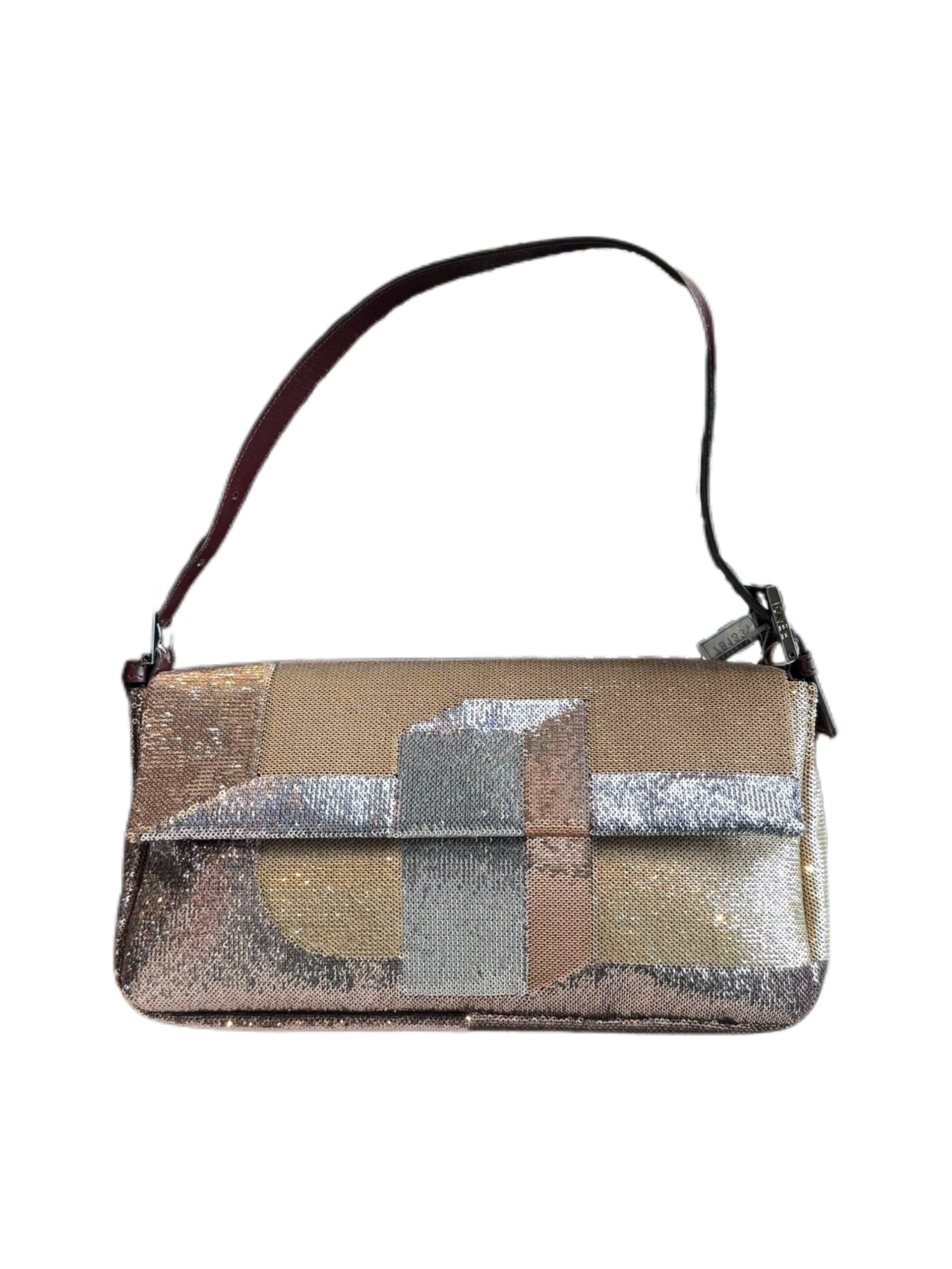 Fendi Vintage Sequin Baguette Bag Metallic Patchwork Gold Silver FF Rare Y2K Statement Bag