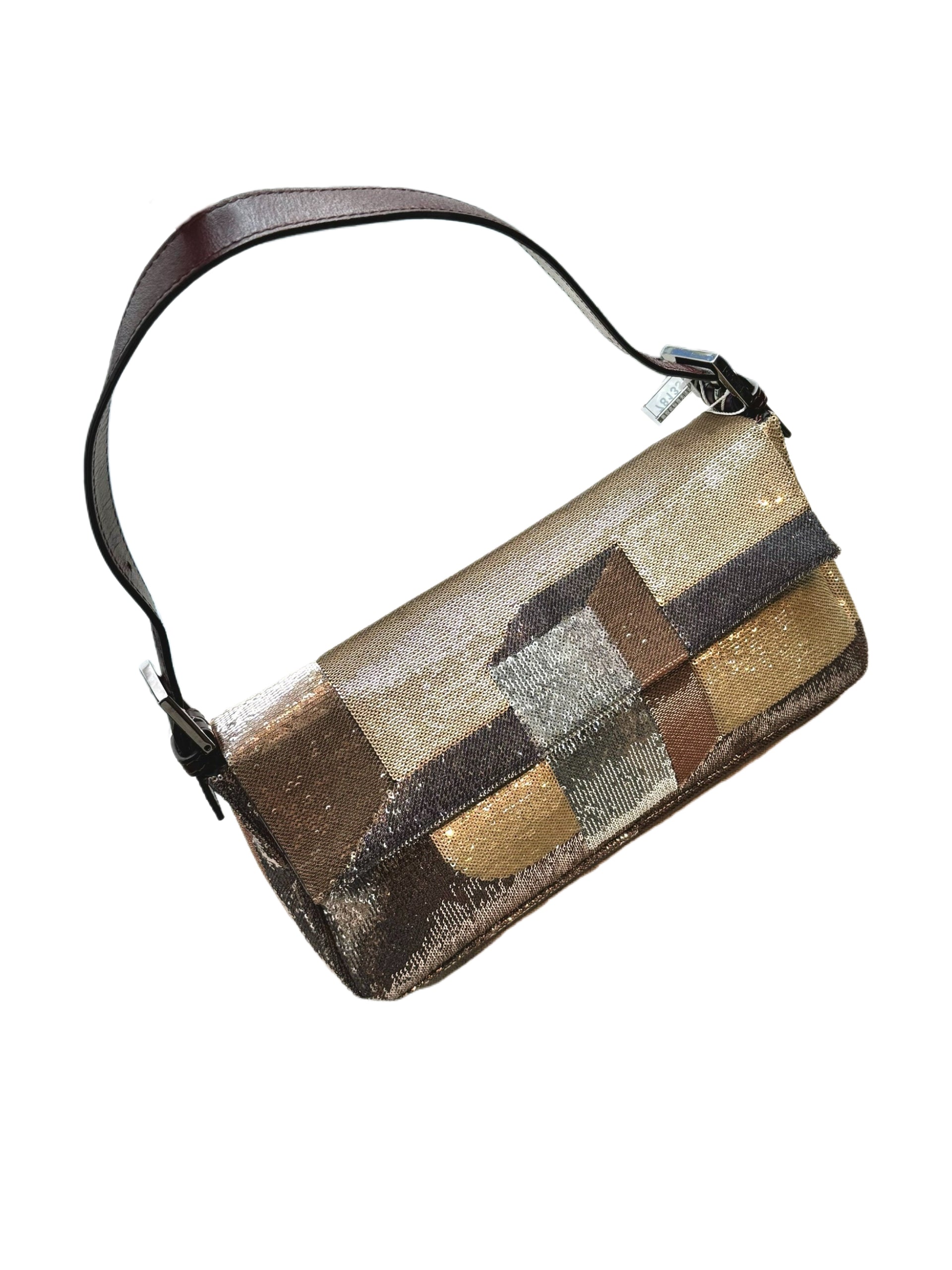 Fendi Vintage Sequin Baguette Bag Metallic Patchwork Gold Silver FF Rare Y2K Statement Bag