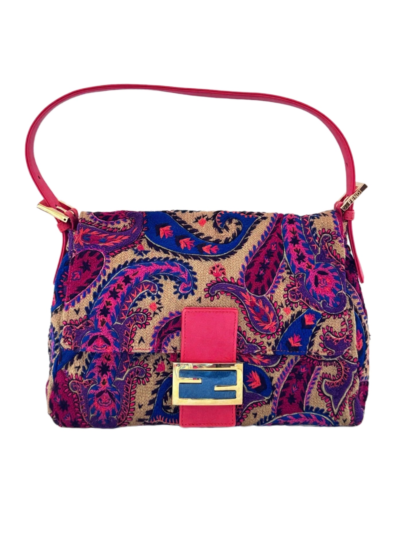 Fendi Vintage Large Baguette Bag Embroidered Paisley Multicolor Rare Statement Shoulder Bag