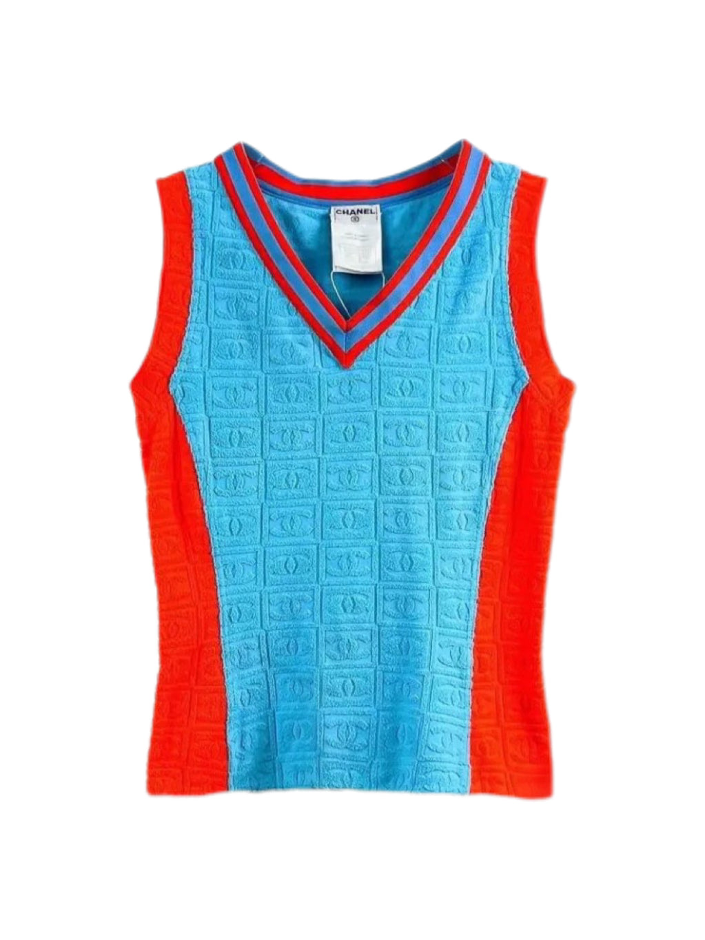 Chanel 2002 CC Logo Embossed Terry Tank Top – Y2K Sport Contrast Knit Sleeveless Vest