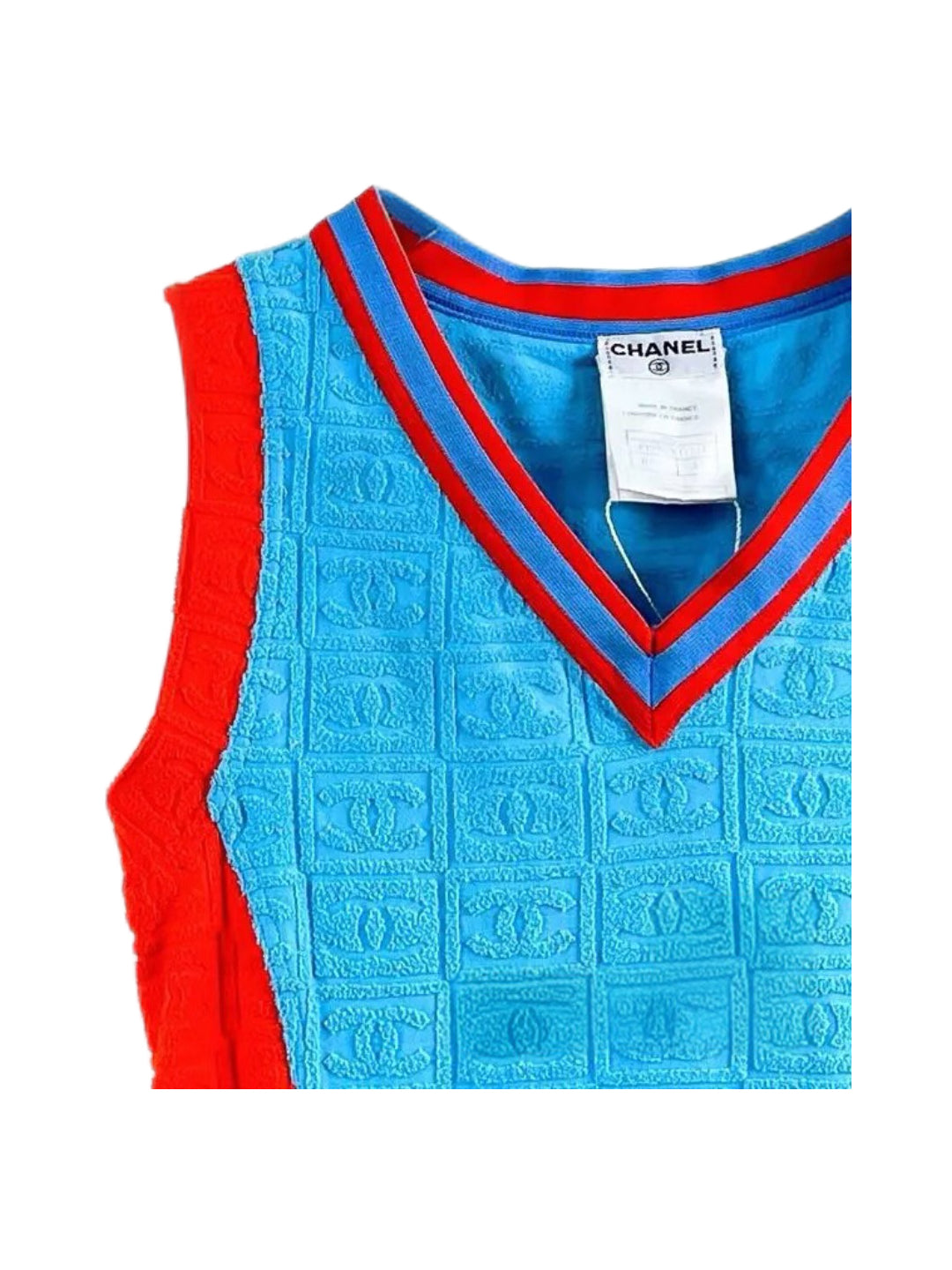 Chanel 2002 CC Logo Embossed Terry Tank Top – Y2K Sport Contrast Knit Sleeveless Vest