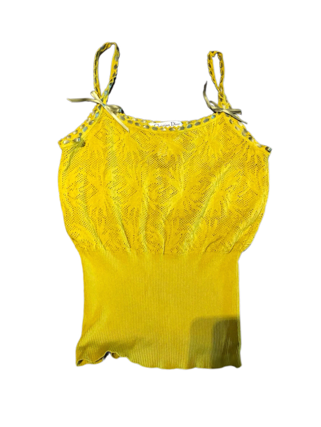 Christian Dior by John Galliano Lace Knit Ribbon Strap Camisole – Runway Piece Yellow Openwork Tank Top