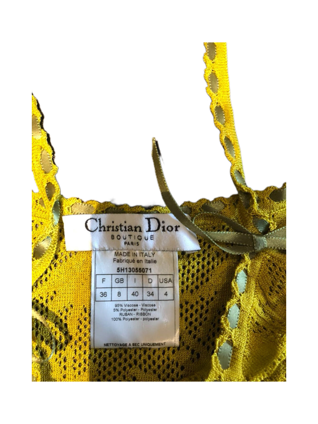 Christian Dior by John Galliano Lace Knit Ribbon Strap Camisole – Runway Piece Yellow Openwork Tank Top