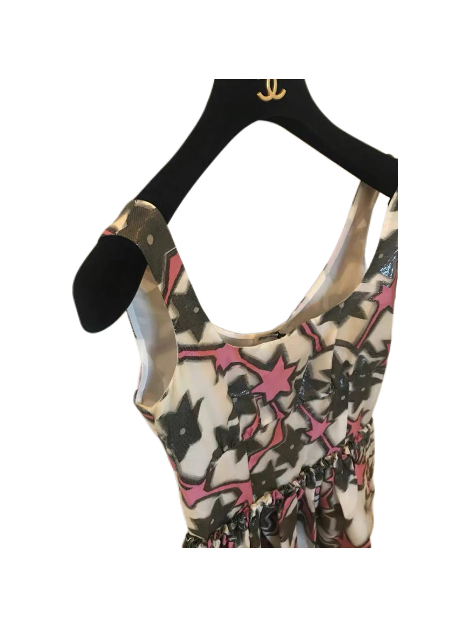 Miu Miu Star Print Sheer Mesh Runway Top – Glitter Cosmic Graphic Babydoll Vest