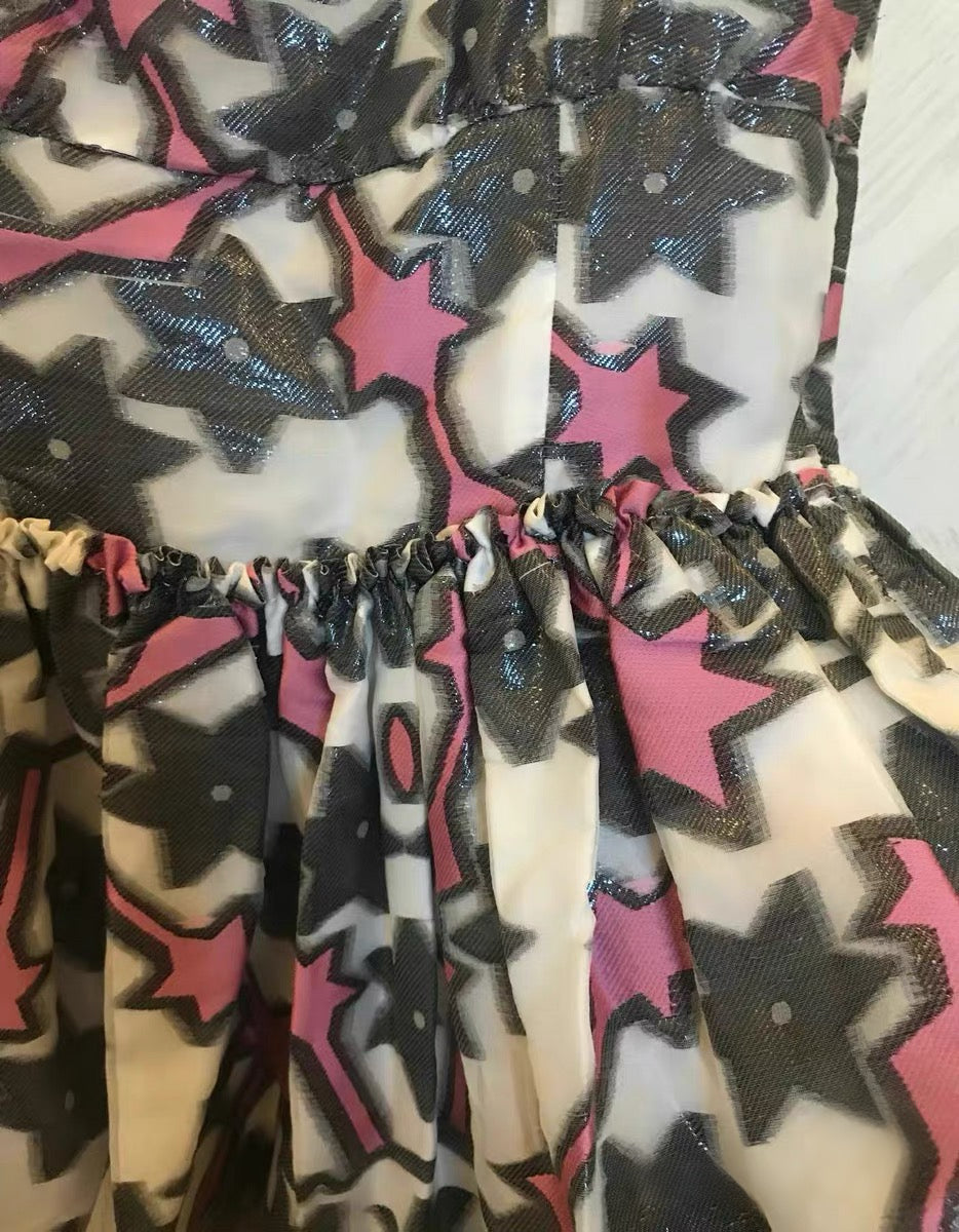 Miu Miu Star Print Sheer Mesh Runway Top – Glitter Cosmic Graphic Babydoll Vest