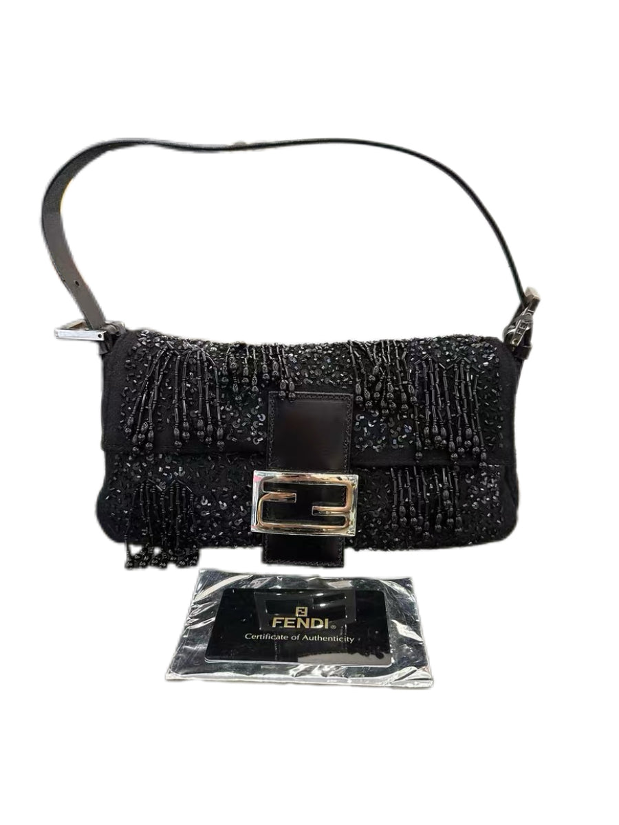 Fendi Vintage Beaded Sequin Baguette Bag Black Fringe Embellished Rare Evening Shoulder Bag