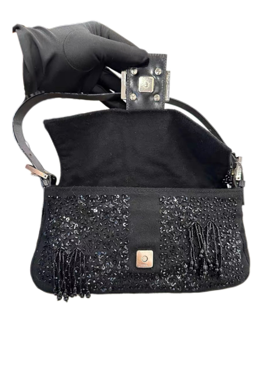 Fendi Vintage Beaded Sequin Baguette Bag Black Fringe Embellished Rare Evening Shoulder Bag