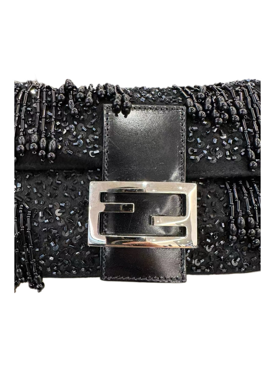 Fendi Vintage Beaded Sequin Baguette Bag Black Fringe Embellished Rare Evening Shoulder Bag