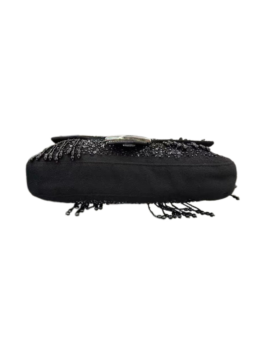 Fendi Vintage Beaded Sequin Baguette Bag Black Fringe Embellished Rare Evening Shoulder Bag