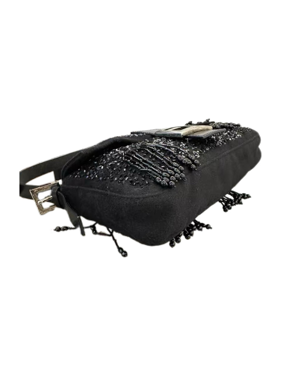 Fendi Vintage Beaded Sequin Baguette Bag Black Fringe Embellished Rare Evening Shoulder Bag