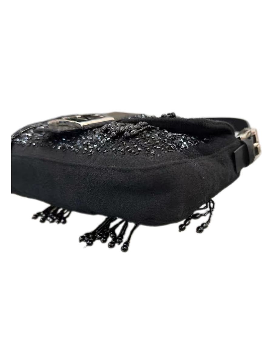 Fendi Vintage Beaded Sequin Baguette Bag Black Fringe Embellished Rare Evening Shoulder Bag