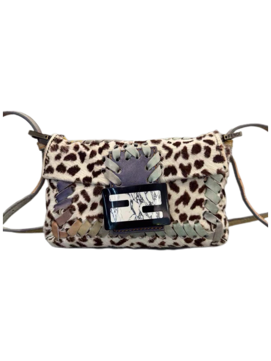 Fendi Vintage Re-Edition Baguette Leopard Pony Hair Bag Marble FF Logo Limited Edition Mini Bag