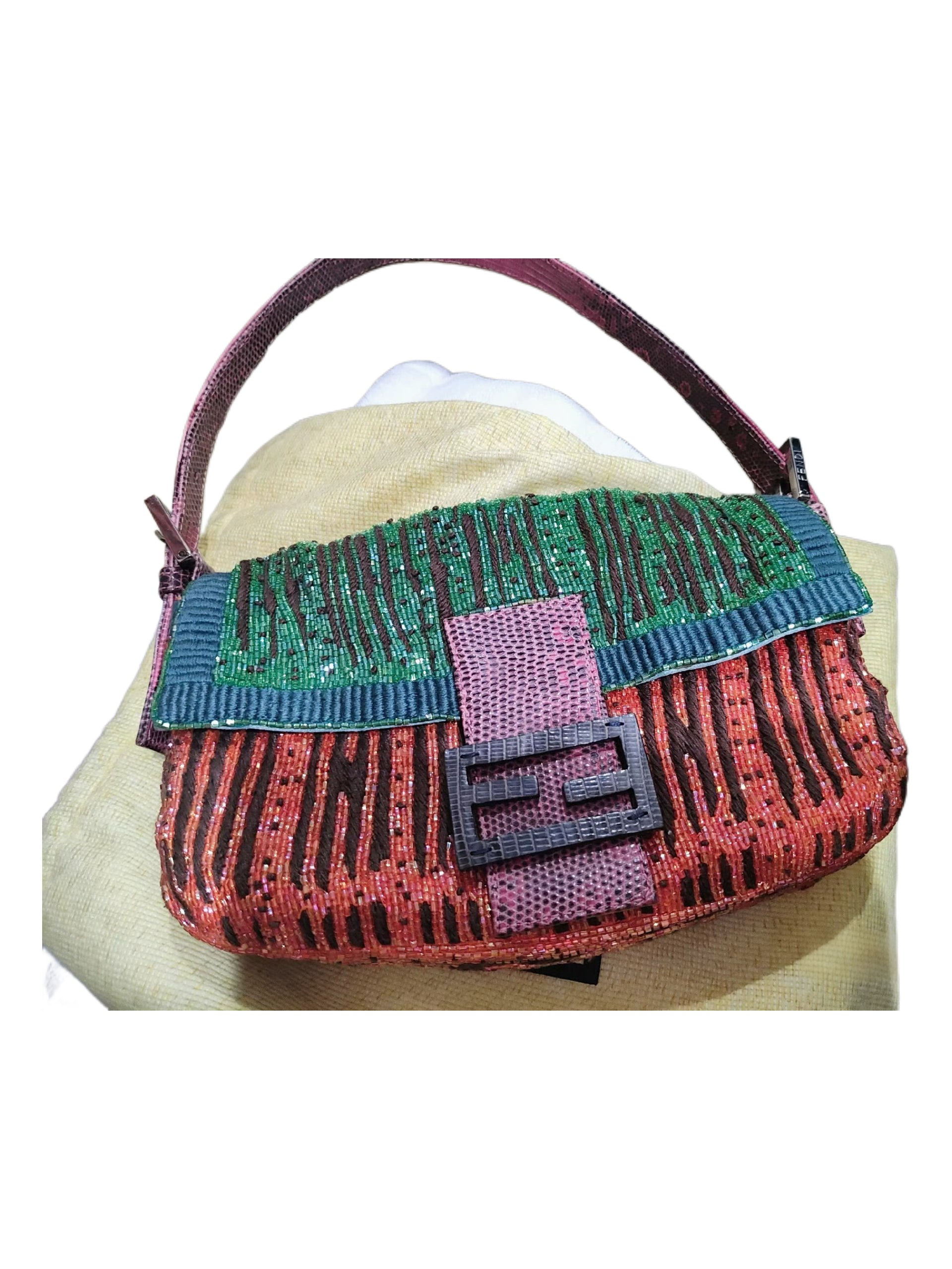 Fendi Vintage Hand-Beaded Baguette Bag Rare Artisan Embellished Multicolor Silk Shoulder Bag