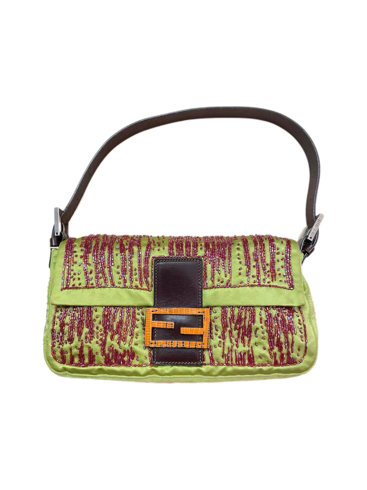 Fendi Vintage Hand-Beaded Silk Baguette Bag Rare Collector Edition Green Satin Embellished Shoulder Bag