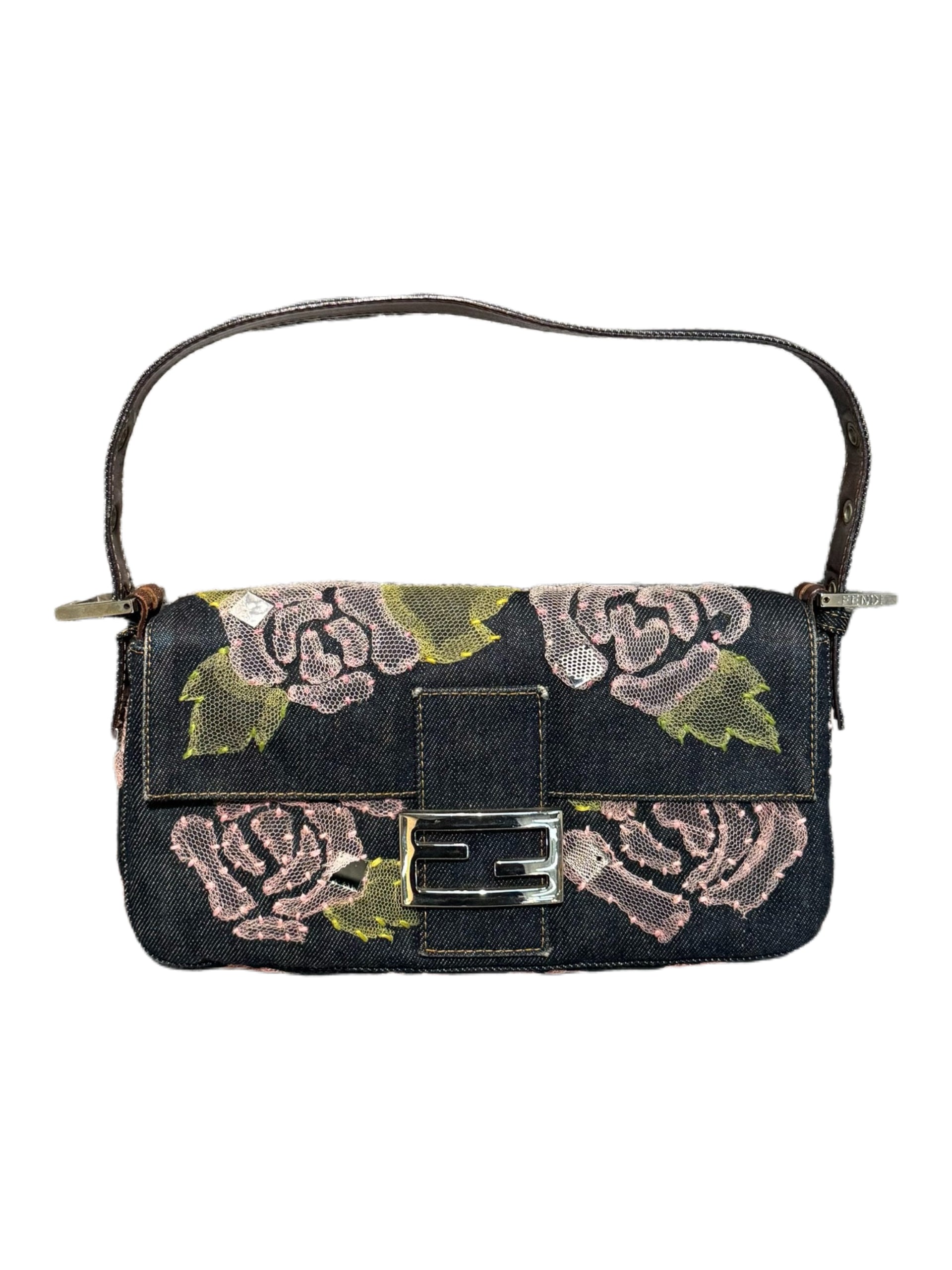 Fendi Vintage Denim Baguette Bag Pink Rose Embroidered Lace Floral Y2K Limited Edition Shoulder Bag