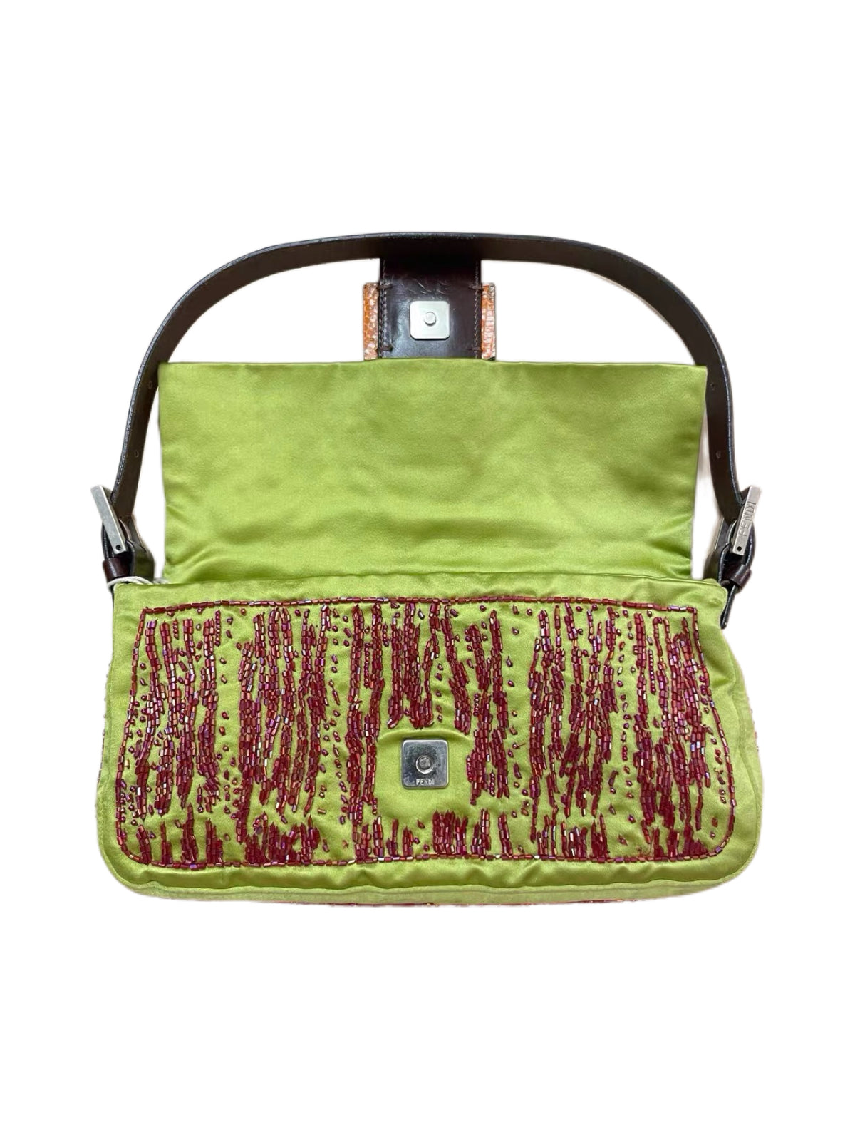 Fendi Vintage Hand-Beaded Silk Baguette Bag Rare Collector Edition Green Satin Embellished Shoulder Bag