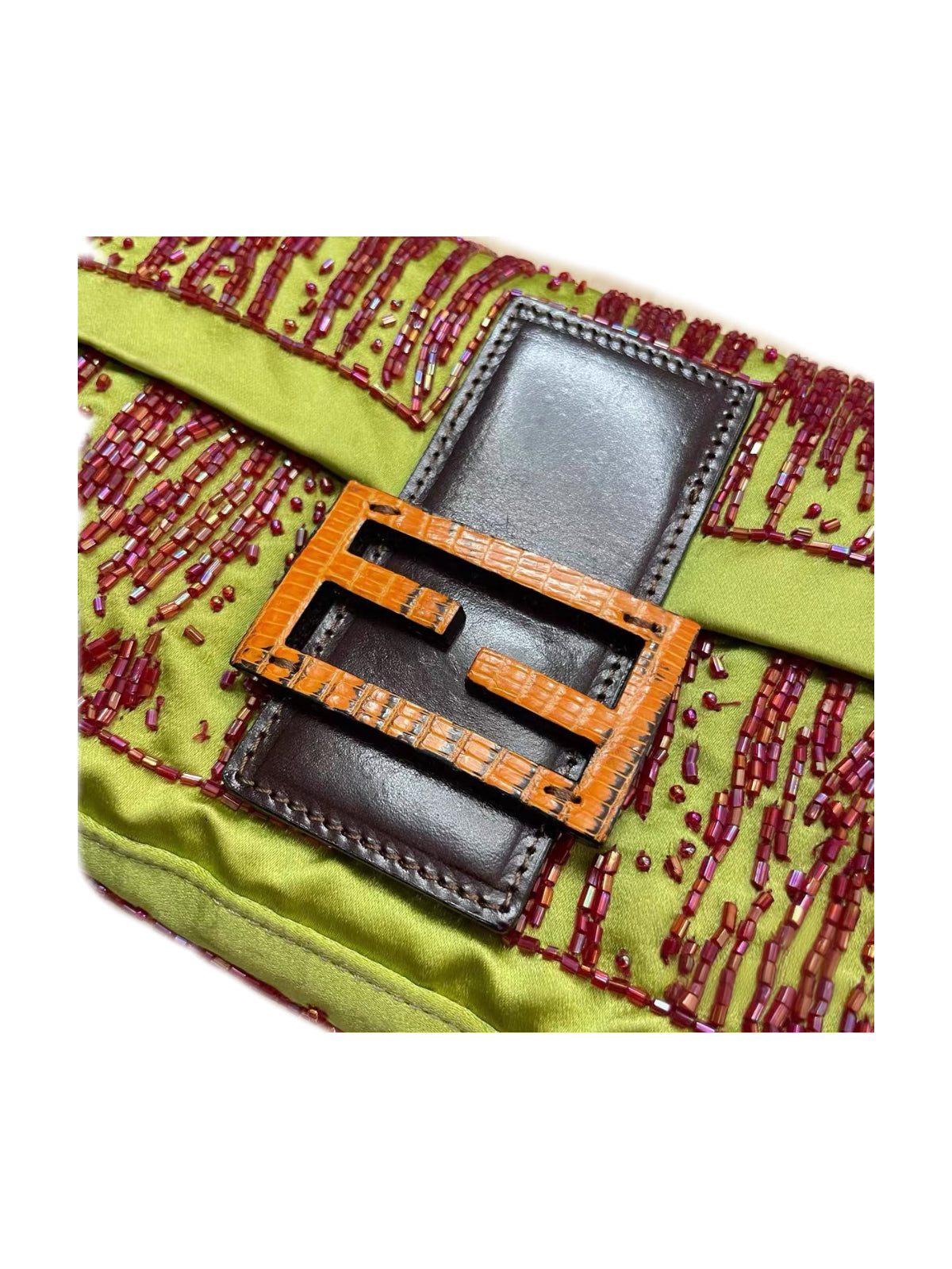 Fendi Vintage Hand-Beaded Silk Baguette Bag Rare Collector Edition Green Satin Embellished Shoulder Bag