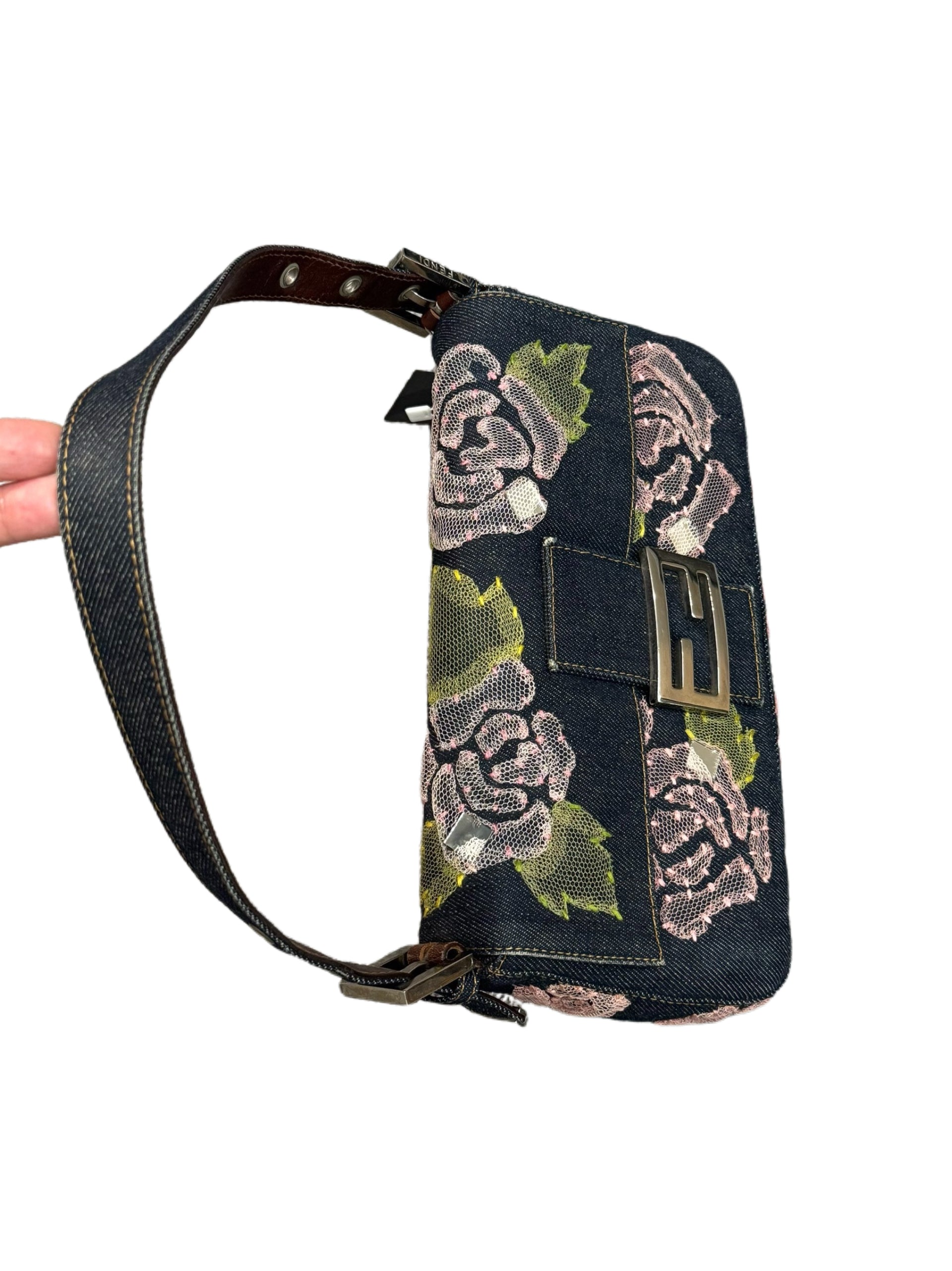 Fendi Vintage Denim Baguette Bag Pink Rose Embroidered Lace Floral Y2K Limited Edition Shoulder Bag