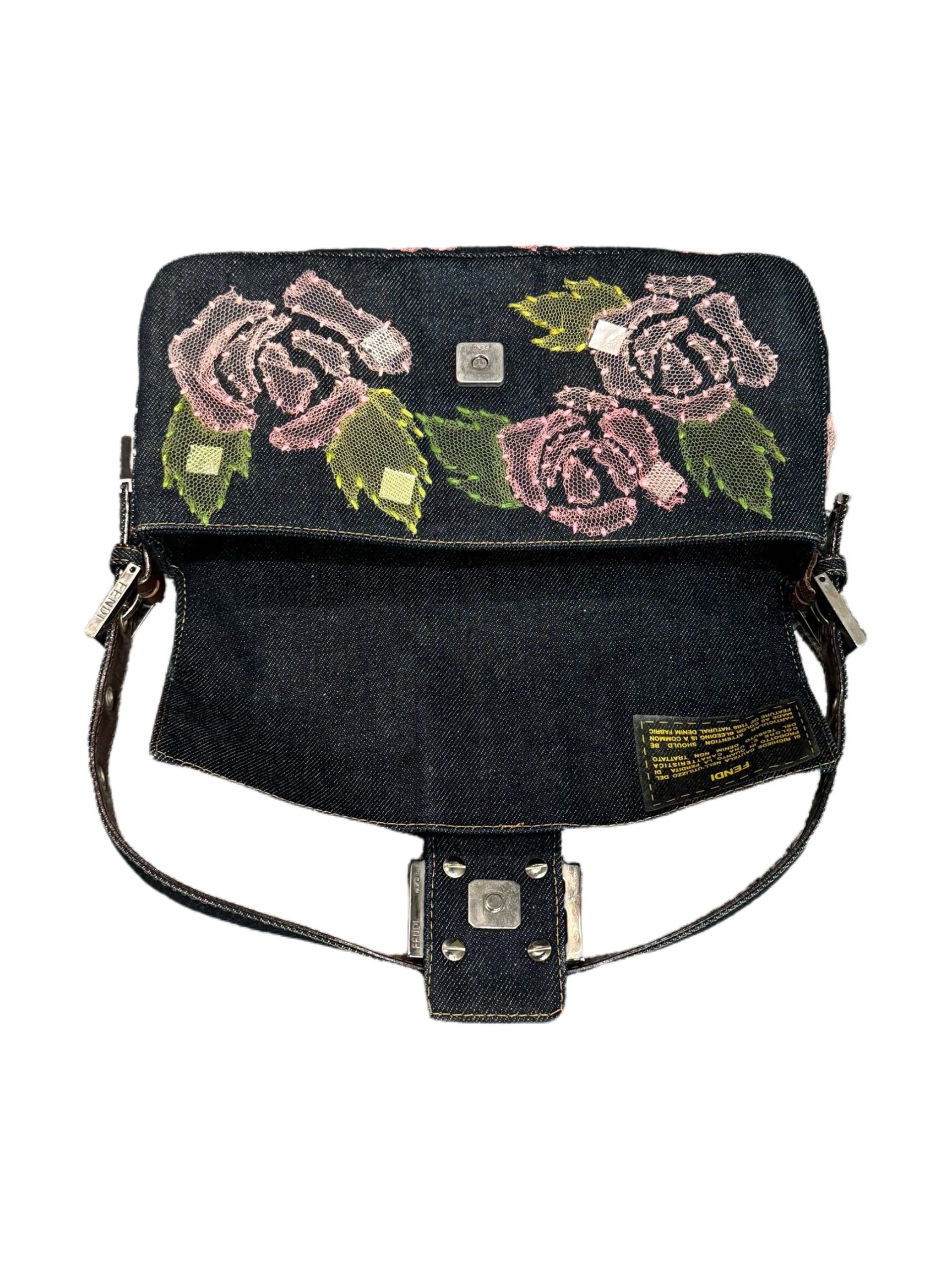 Fendi Vintage Denim Baguette Bag Pink Rose Embroidered Lace Floral Y2K Limited Edition Shoulder Bag