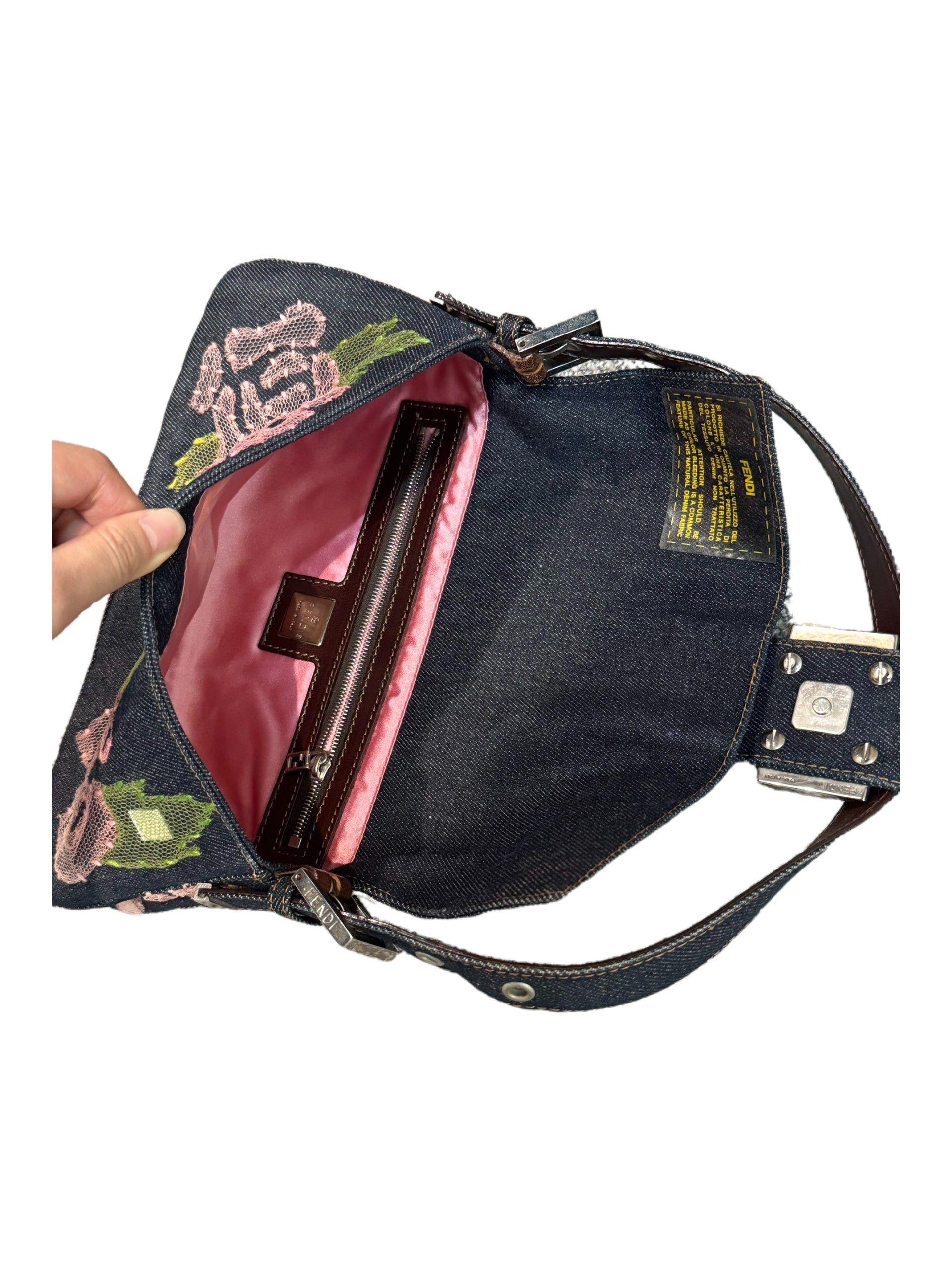 Fendi Vintage Denim Baguette Bag Pink Rose Embroidered Lace Floral Y2K Limited Edition Shoulder Bag