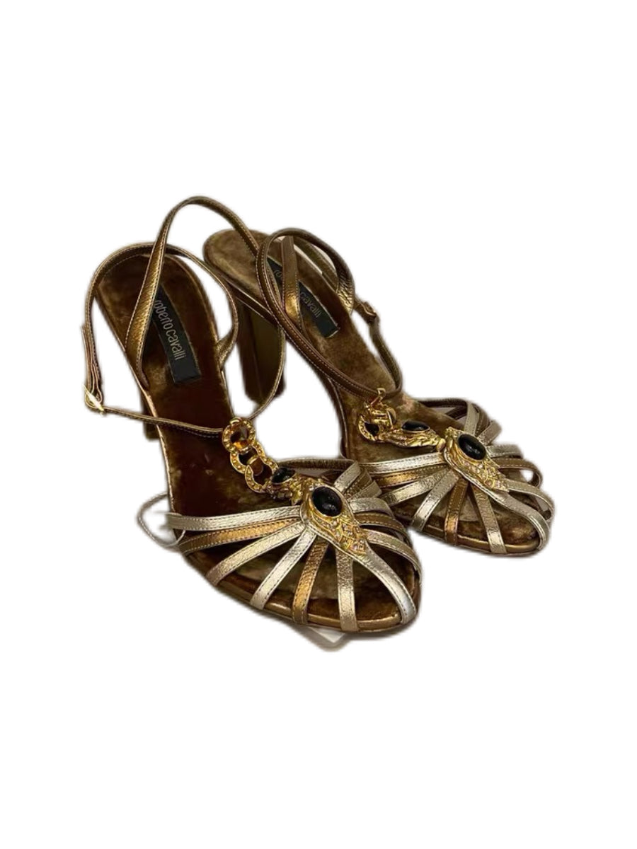 Roberto Cavalli Gold Jewel Embellished Strappy Heels Runway Vintage Rare Italian Leather Sandals
