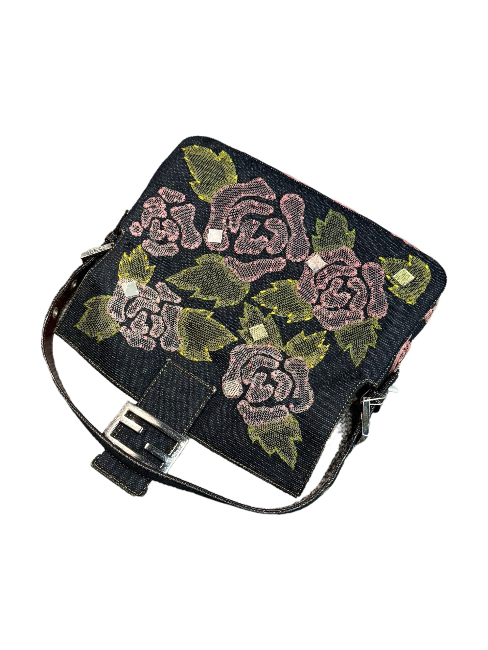 Fendi Vintage Denim Baguette Bag Pink Rose Embroidered Lace Floral Y2K Limited Edition Shoulder Bag