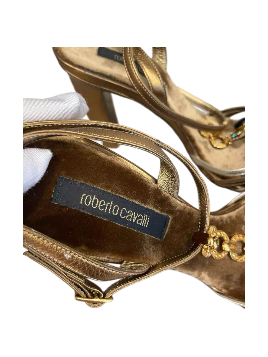 Roberto Cavalli Gold Jewel Embellished Strappy Heels Runway Vintage Rare Italian Leather Sandals
